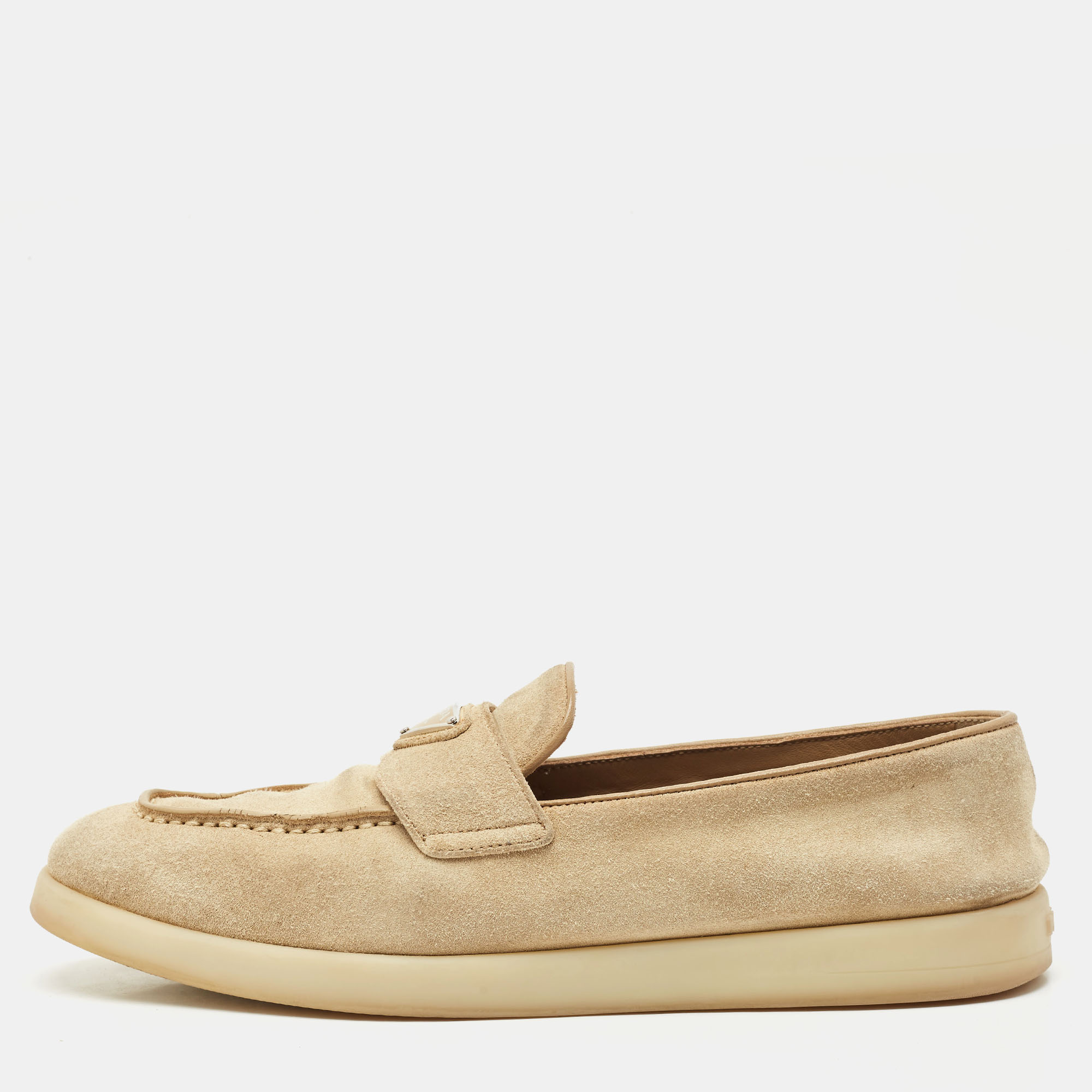 

Prada Beige Suede Logo Plaque Slip On Loafers Size