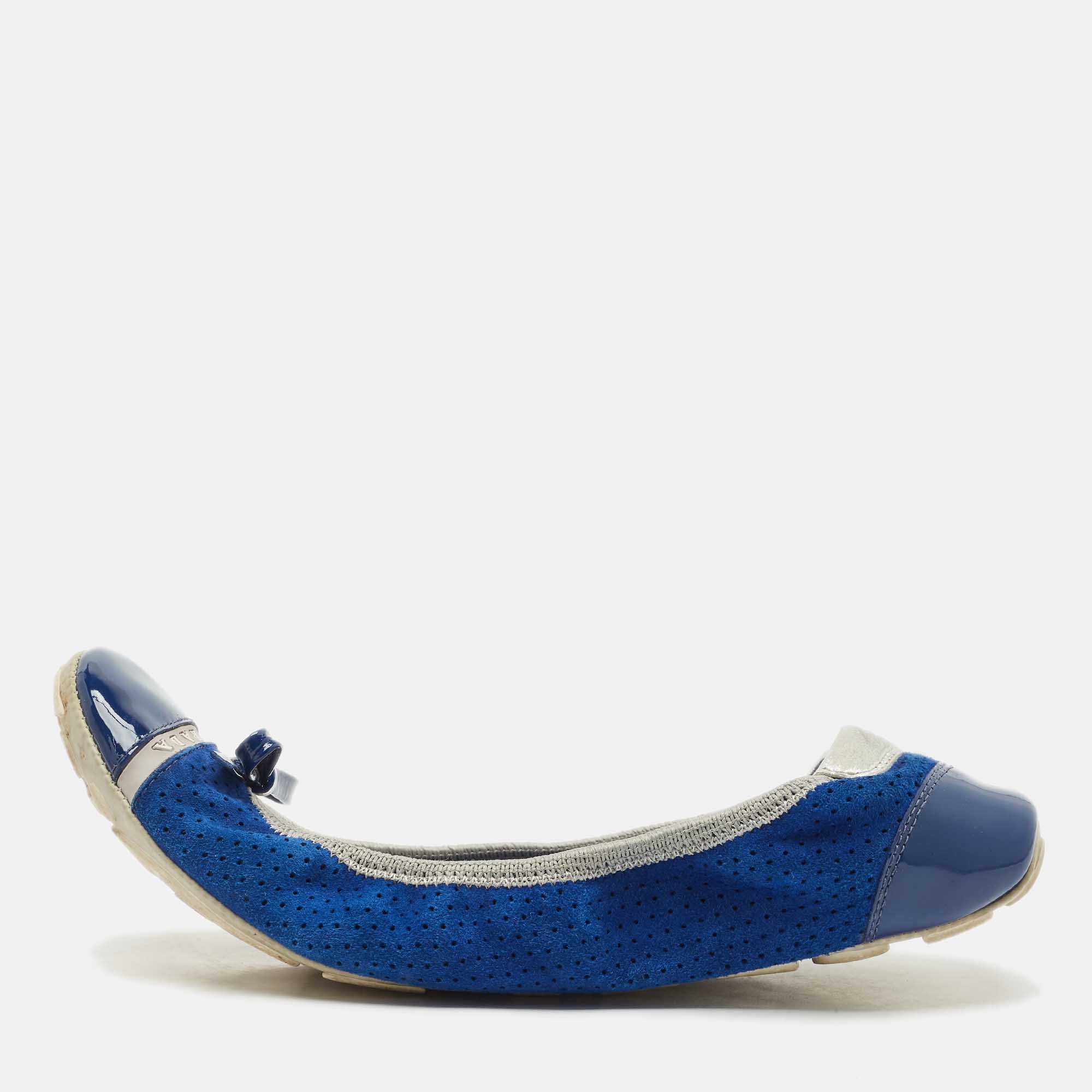 Pre-owned Prada Navy Blue/silver Patent Leather And Nubuck Leather Scrunch Ballet Flats Size 38