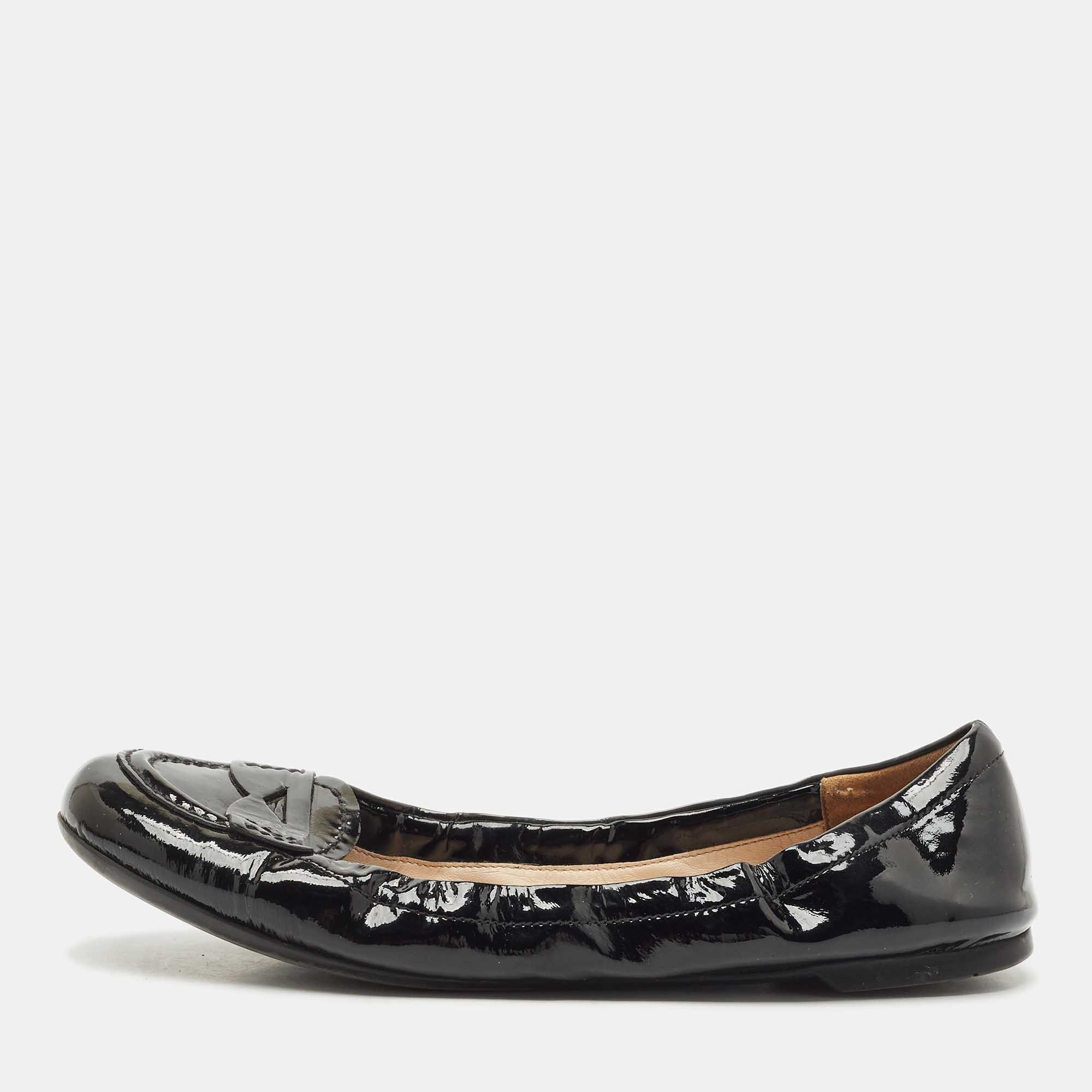 Pre-owned Prada Black Patent Leather Scrunch Ballet Flats Size 37