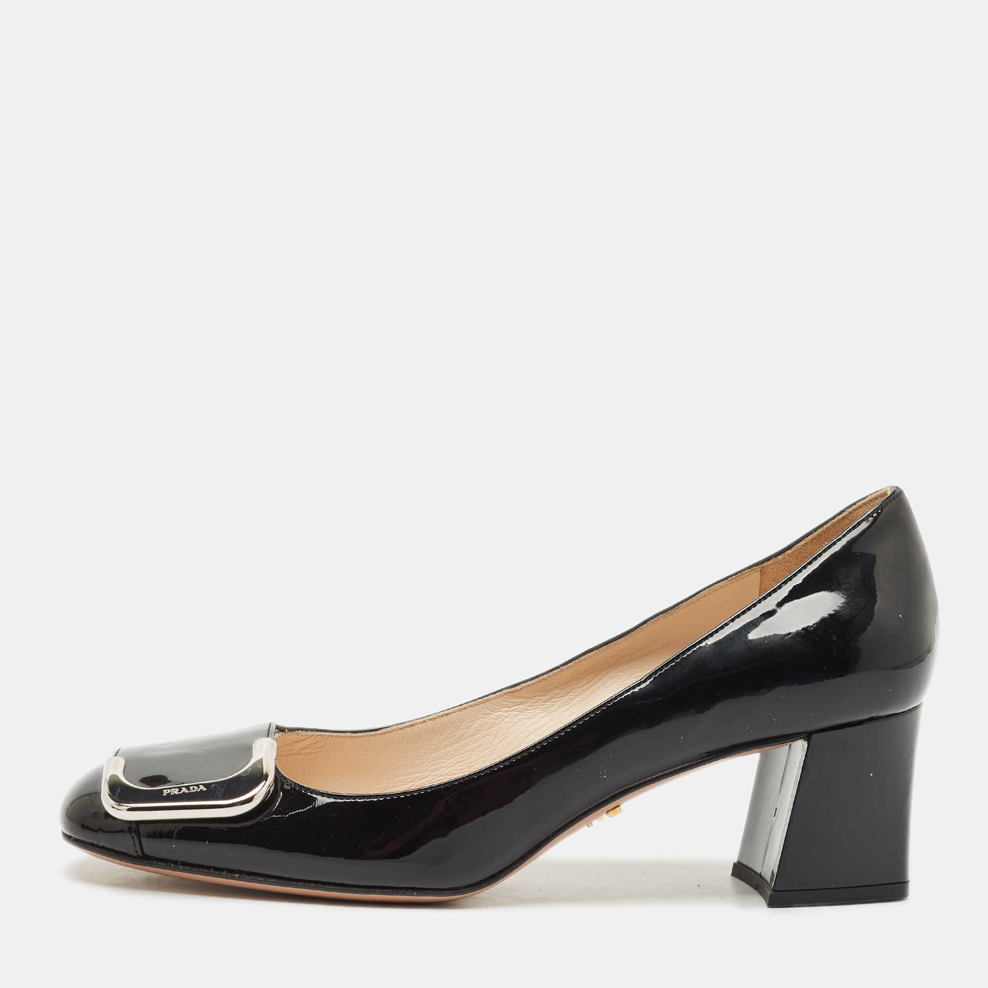 Pre-owned Prada Black Patent Leather Buckle Detail Block Heel Pumps Size 37