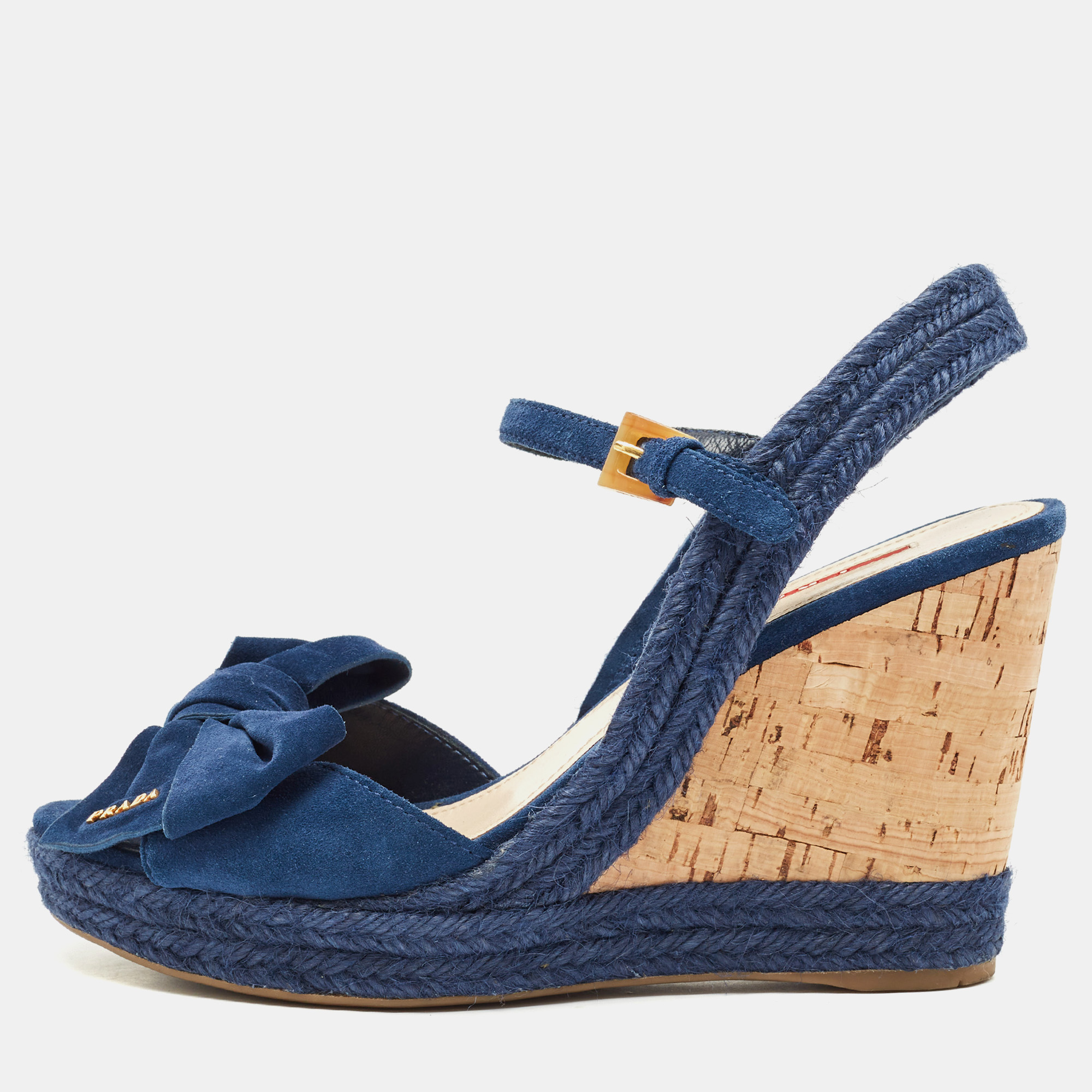 

Prada Blue Suede Bow Cork Wedge Slingback Sandals Size