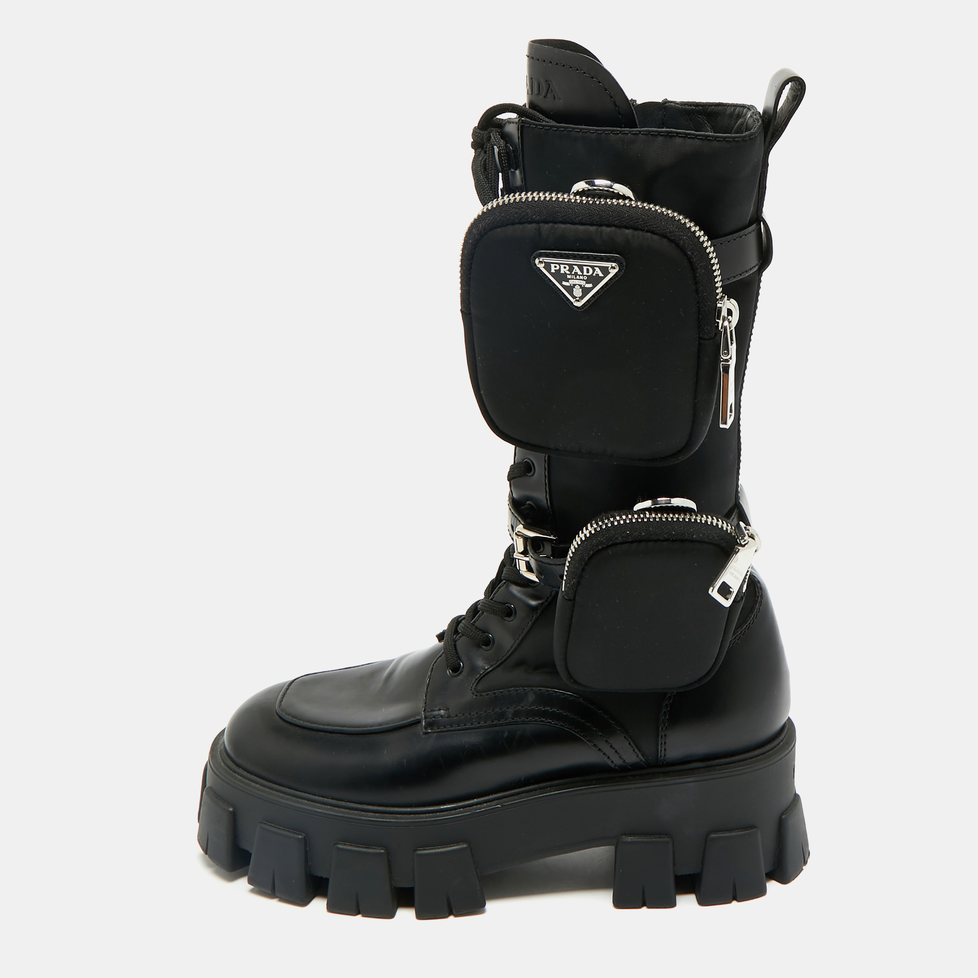 

Prada Black Leather and Nylon Monolith Combat Boots Size