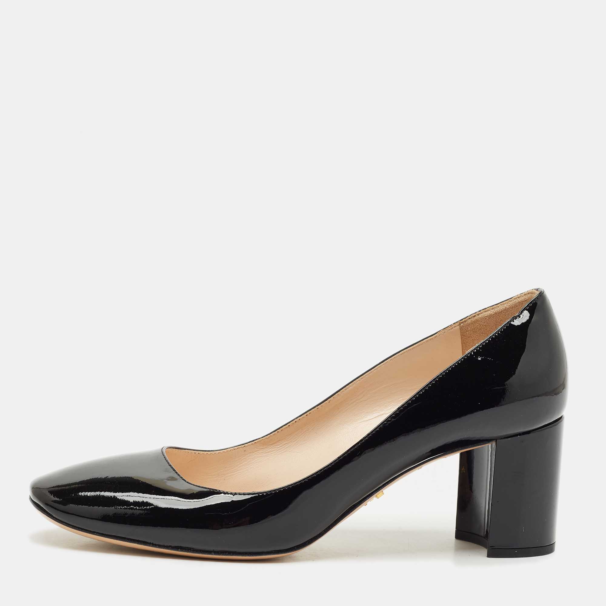

Prada Black Patent Leather Bow Block Heel Pumps Size