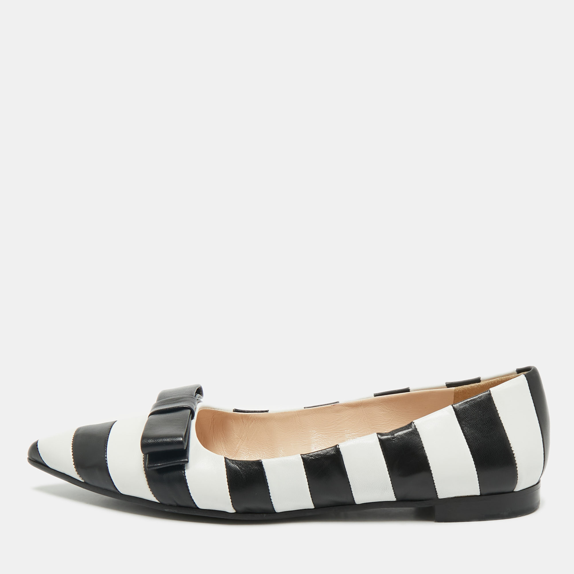 

Prada Black/White Leather Pointed Toe Bow Detail Ballet Flats Size