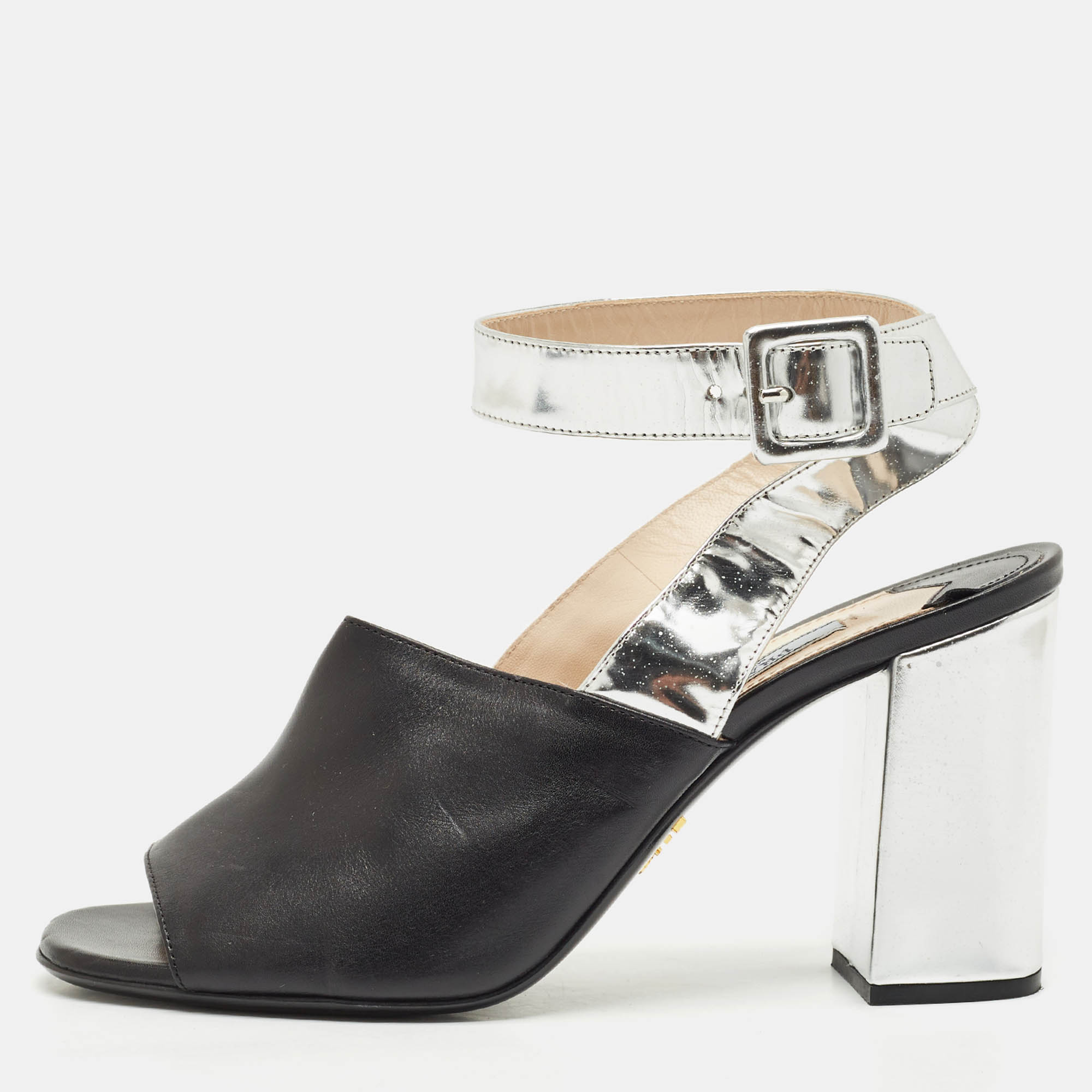 

Prada Black/Silver Leather Ankle Strap Sandals Size