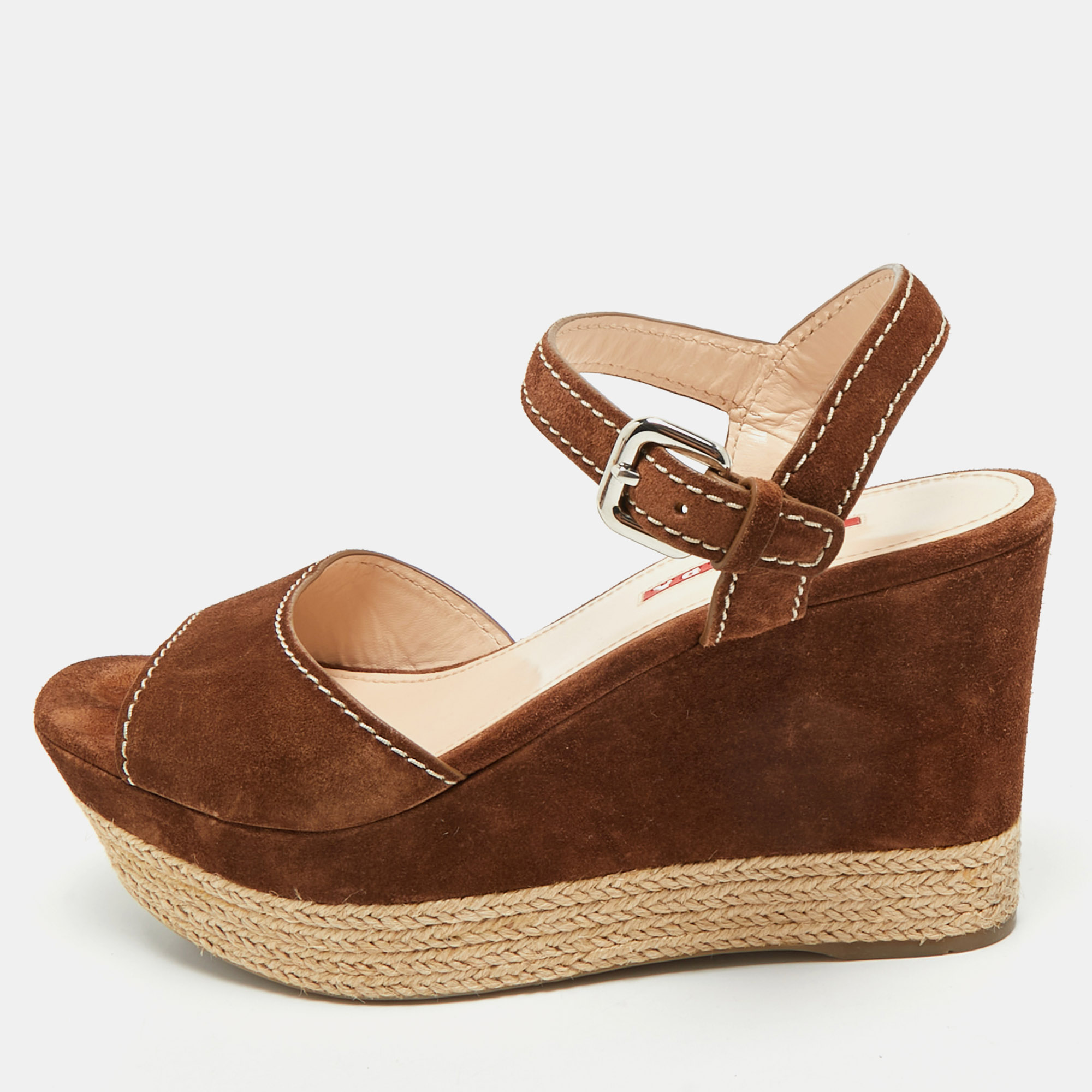 

Prada Brown Suede Ankle Strap Wedge Sandals Size