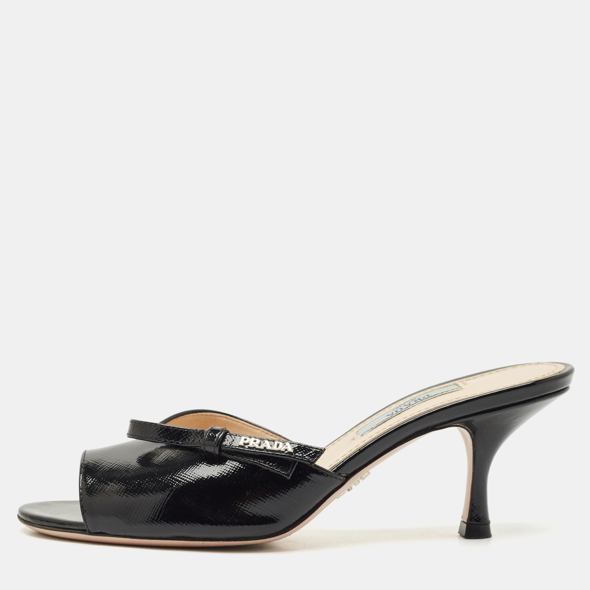 

Prada Black Patent Leather Logo Slide Sandals Size