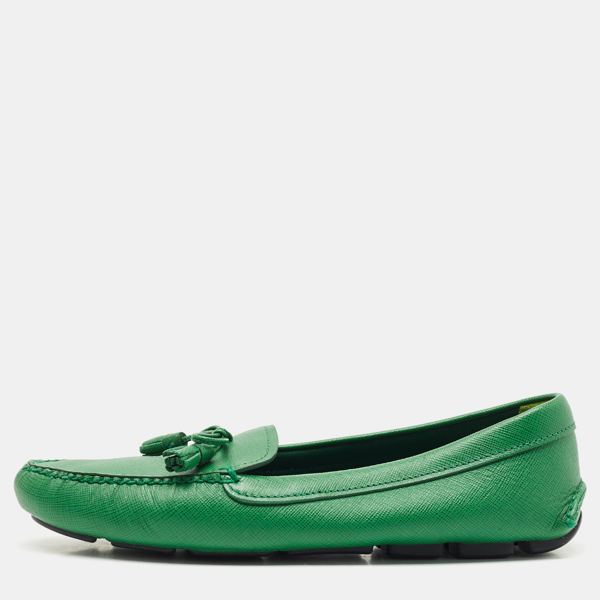 

Prada Green Saffiano Leather Bow Slip On Loafers Size