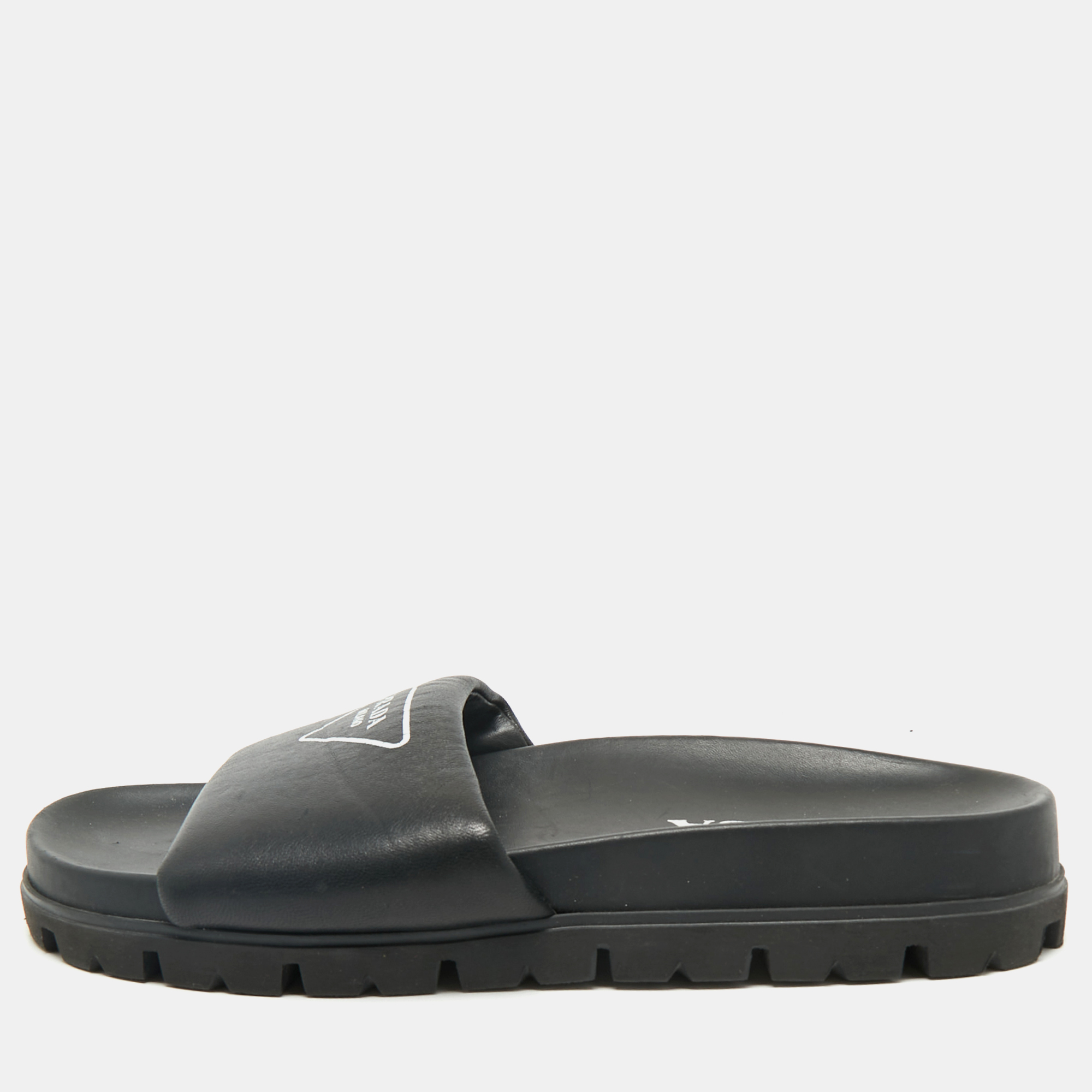 

Prada Black Soft Padded Leather Logo Print Flat Slide Sandals Size