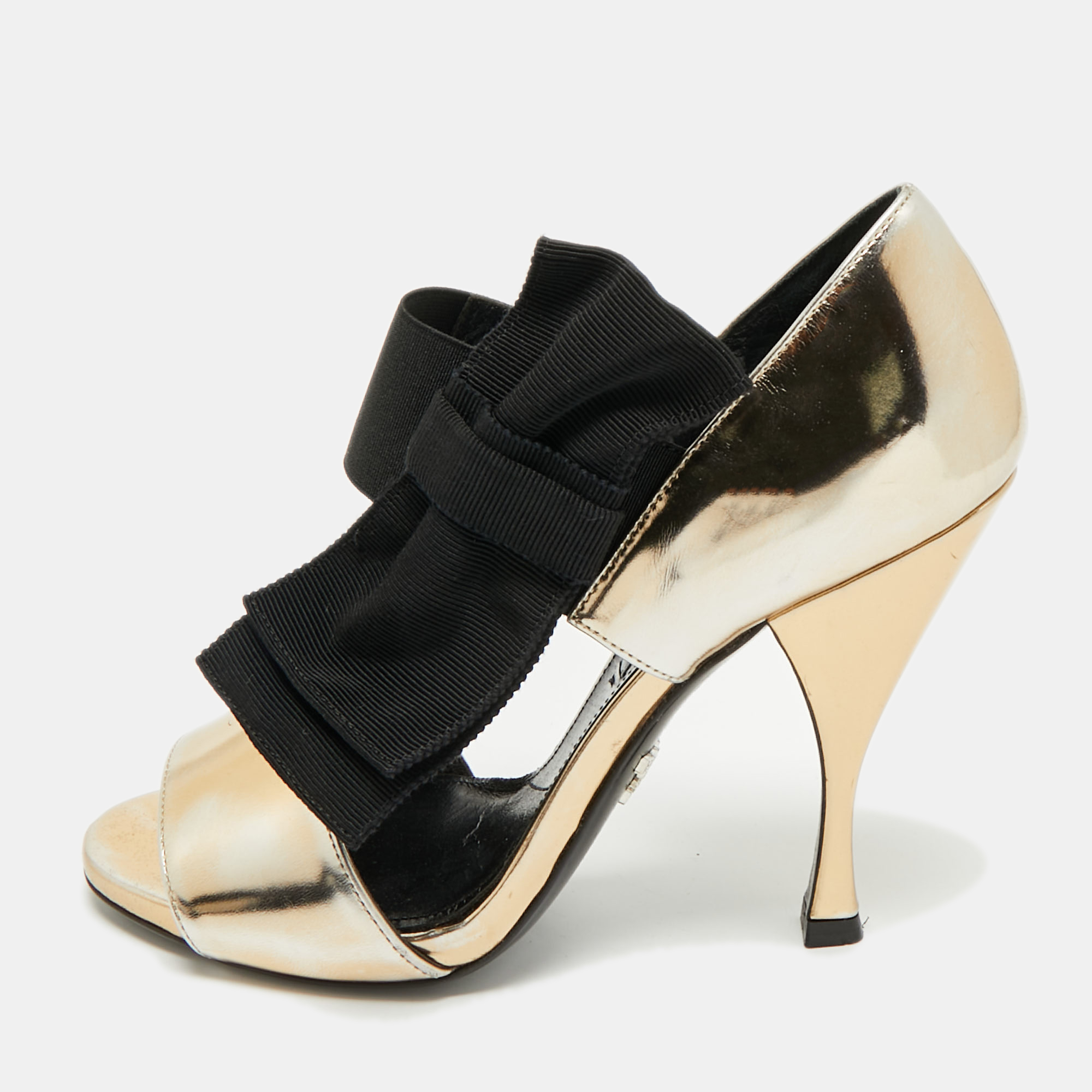 

Prada Gold/Black Leather and Grosgrain Bow Ankle Strap Sandals Size