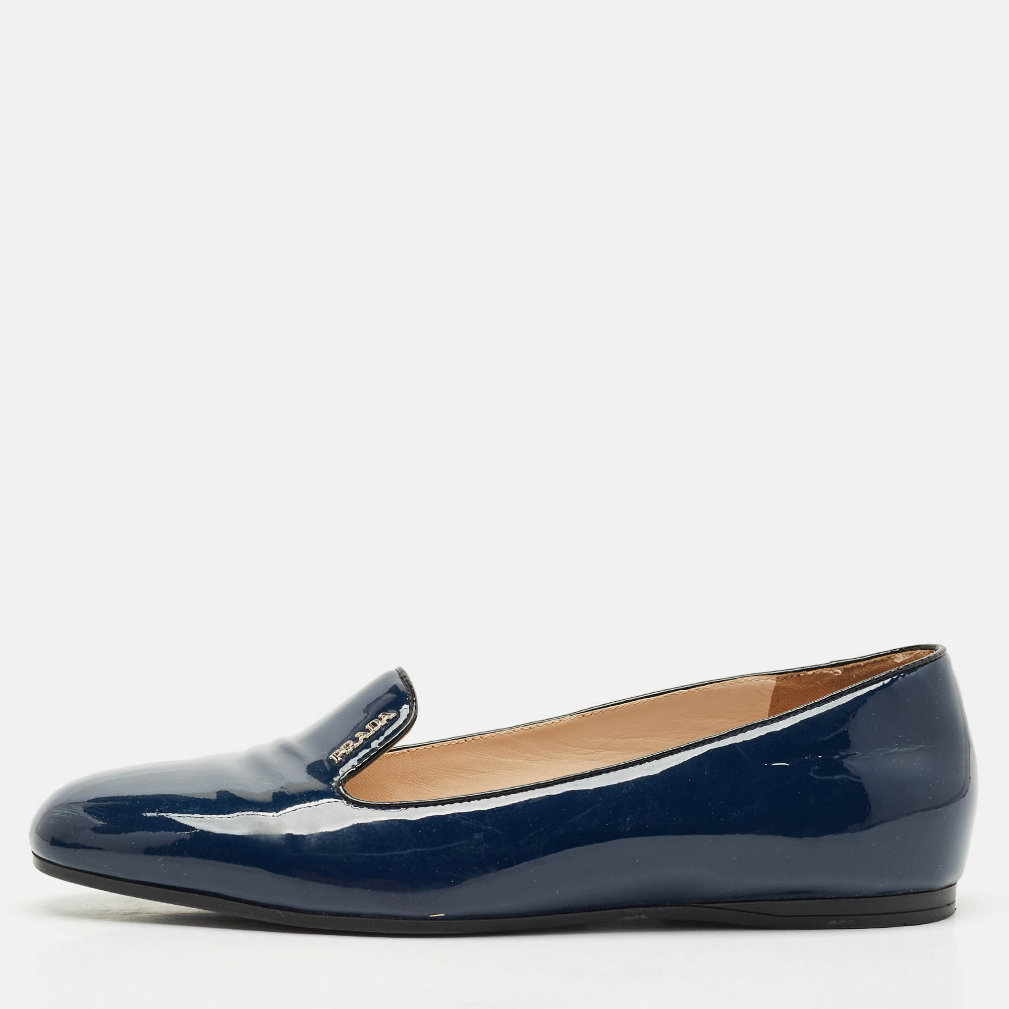 Pre-owned Prada Navy Blue Patent Leather Smoking Slippers Size 39.5