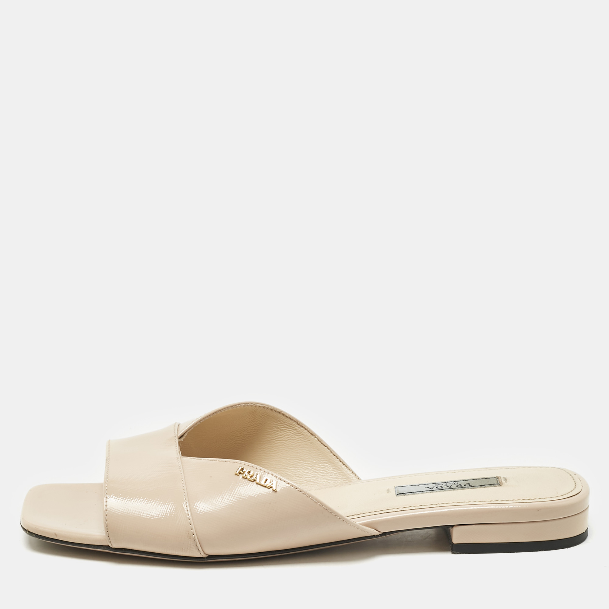 

Prada Beige Patent Saffiano Leather Flat Slides Size