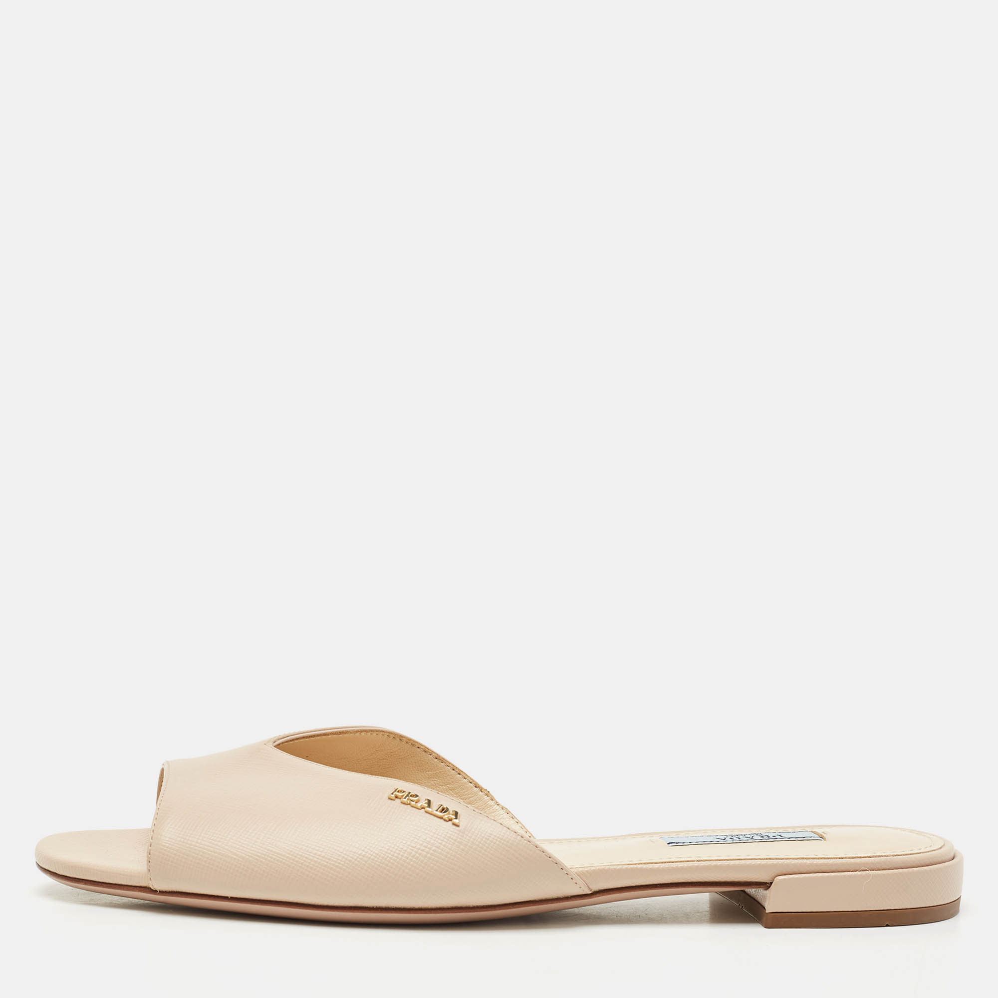 Pre-owned Prada Beige Patent Saffiano Leather Flat Slides Size 38.5