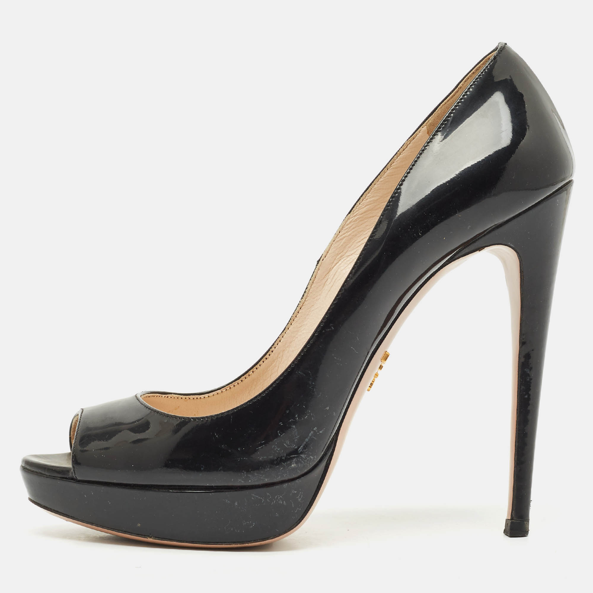 Pre-owned Prada Black Patent Leather Peep Toe Platform Pumps Size 39