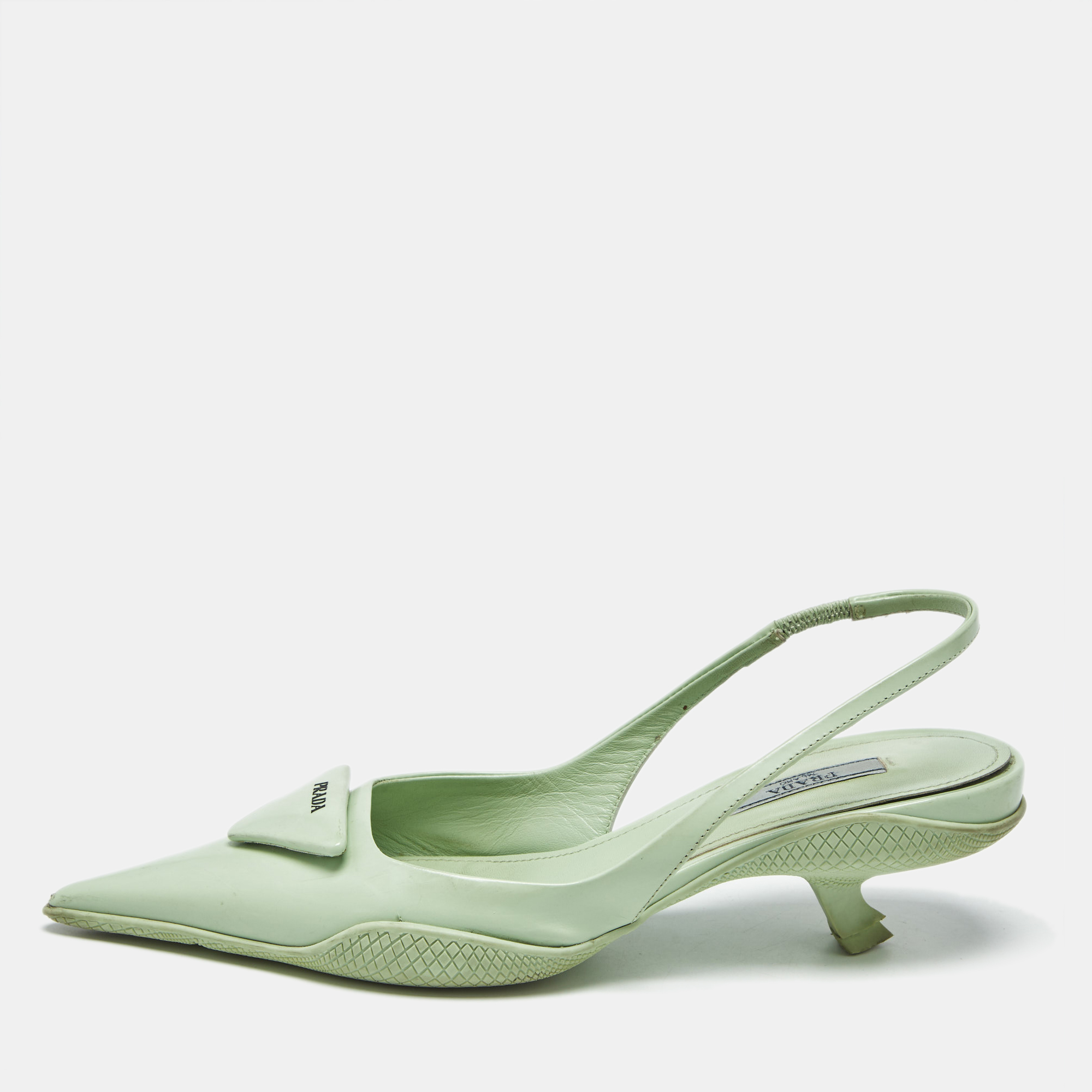 

Prada Light Green Leather Logo Pointed Toe Slingback Pumps Size