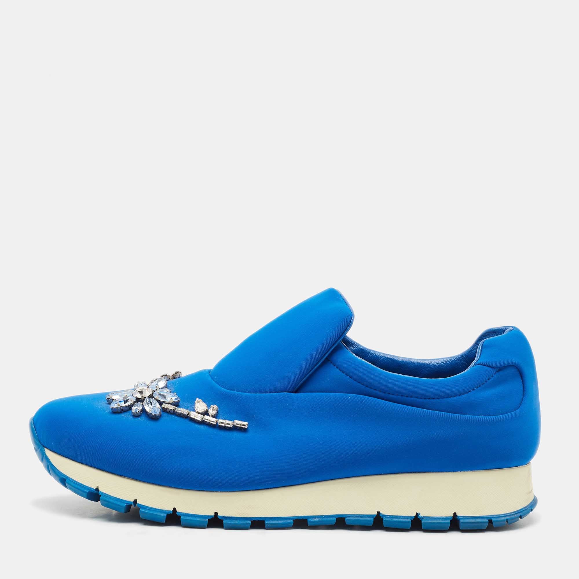 Pre-owned Prada Blue Nylon Catch Me If You Can Crystal Embellished Slip On Sneakers Size 38