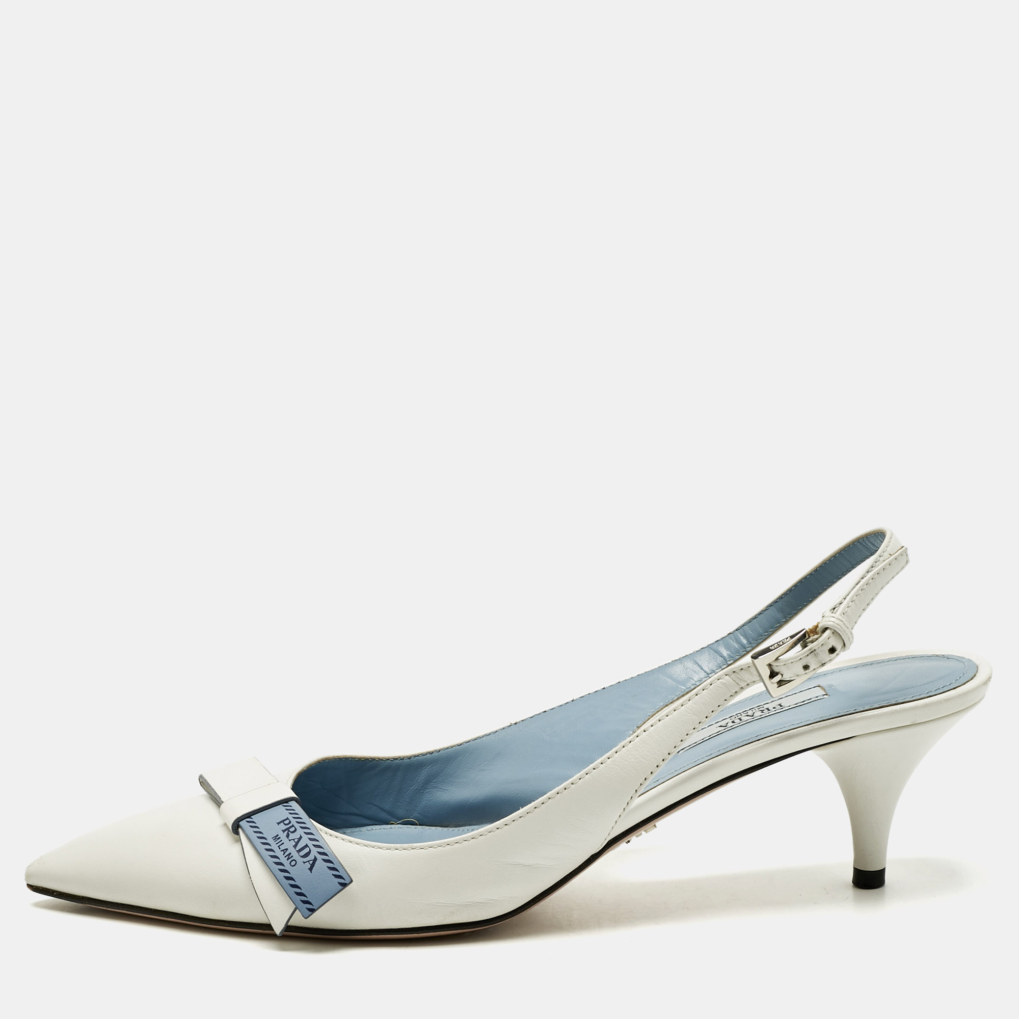 

Prada White Leather Bow Pointed Toe Slingback Pumps Size