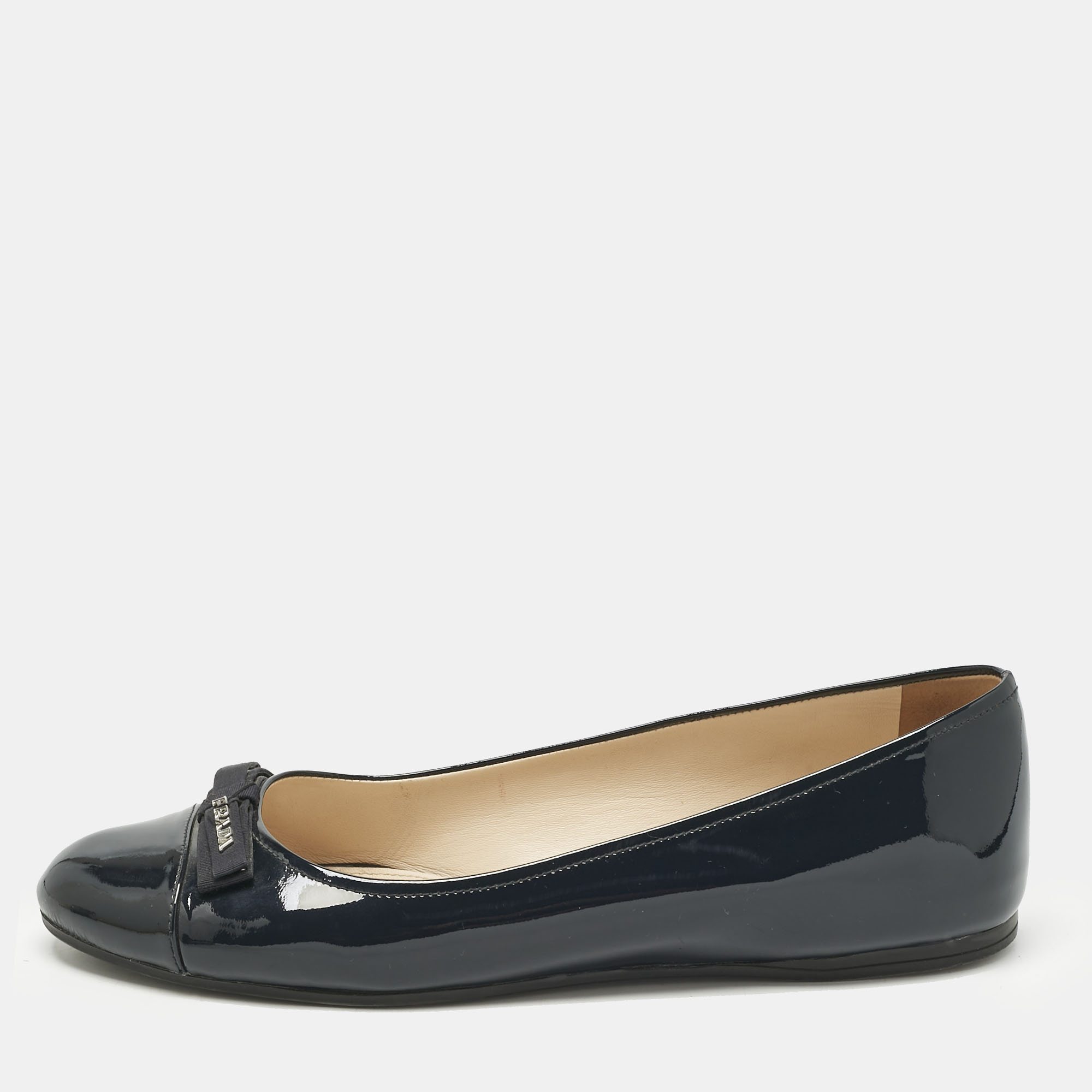 Pre-owned Prada Navy Blue Patent Leather Bow Ballet Flats Size 40
