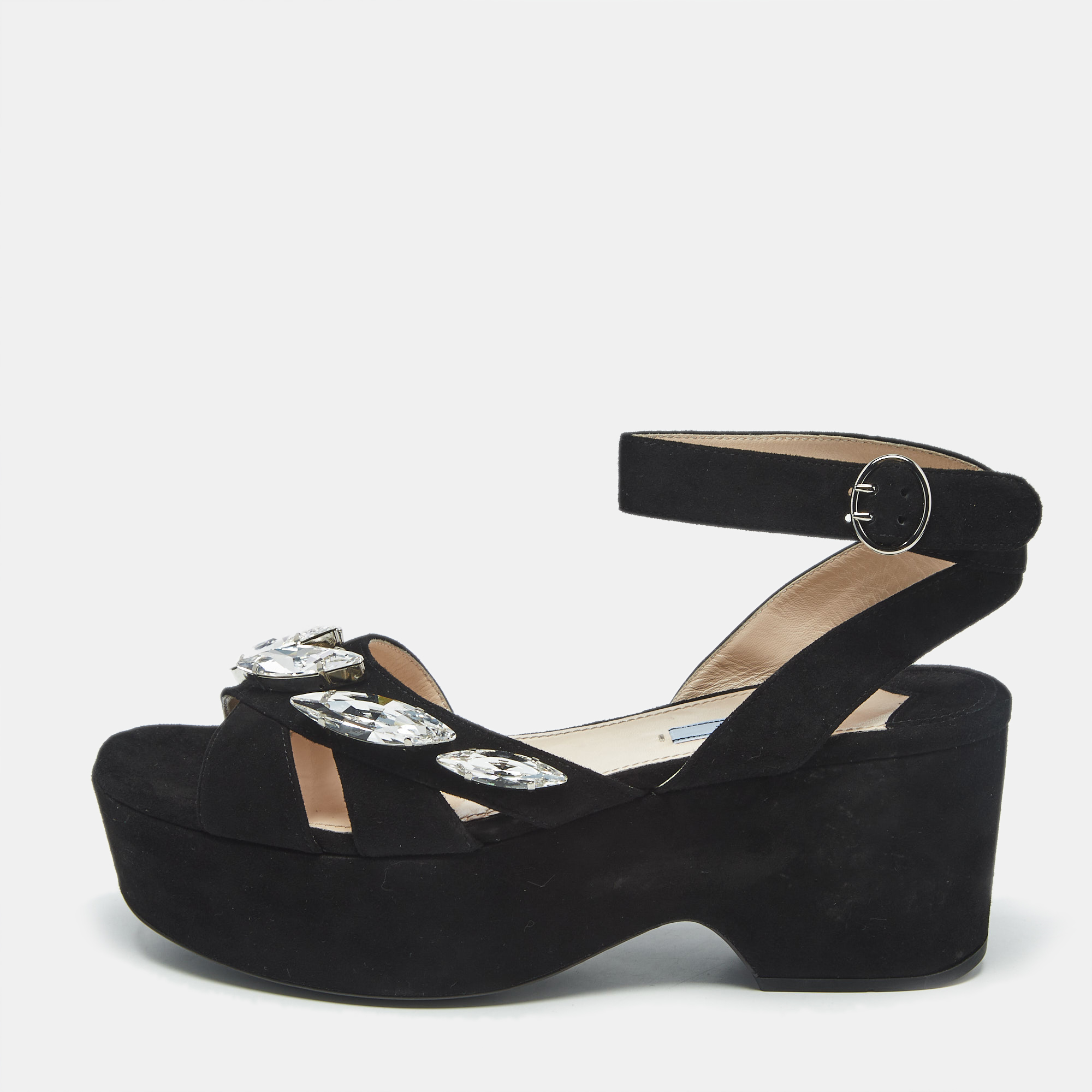 Prada Black Suede Crystal Embellished Platform Sandals Size 39