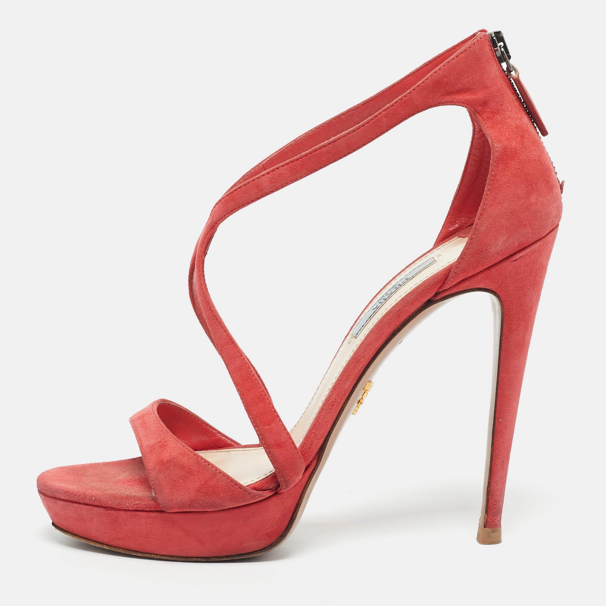 Pre-owned Prada Coral Orange Suede Strappy Sandals Size 38