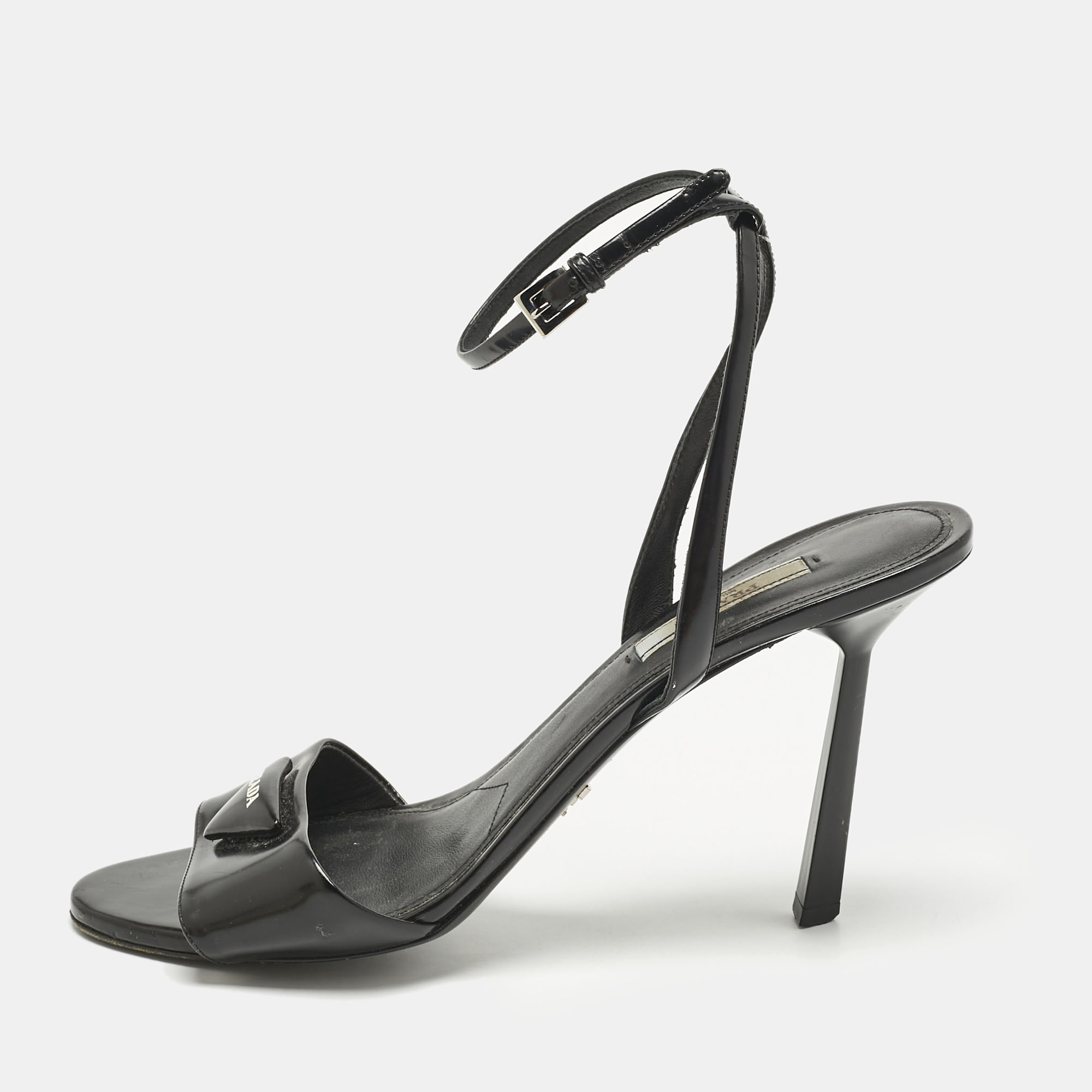 

Prada Black Patent Leather Logo Ankle Strap Sandals Size