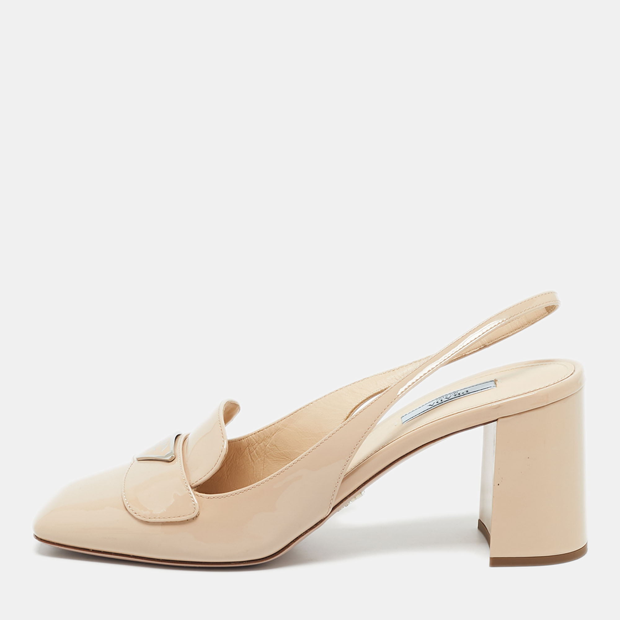 

Prada Beige Patent Leather Block Heel Slingback Pumps Size, Cream