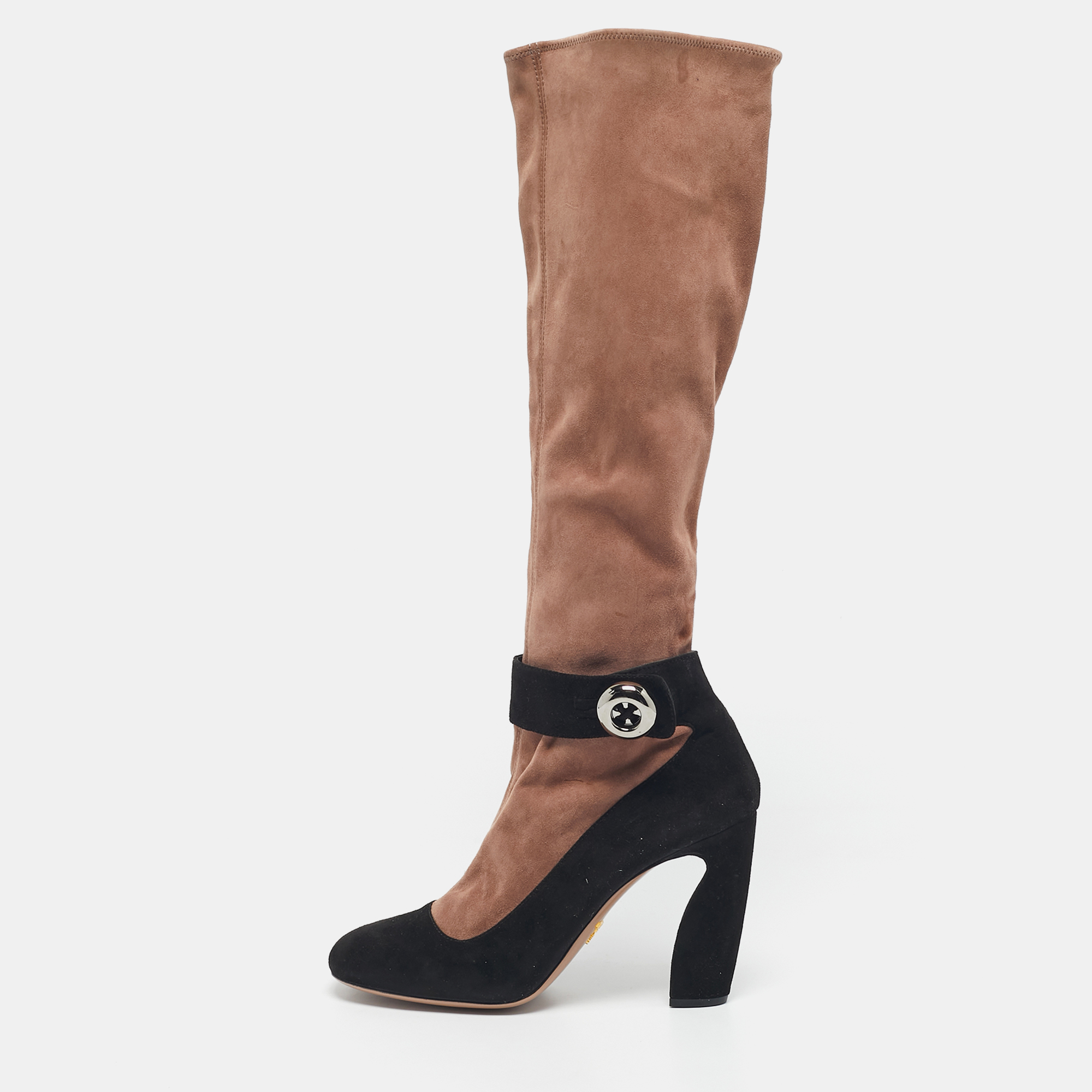 

Prada Black/Beige Suede Knee Length Block Heel Boots Size