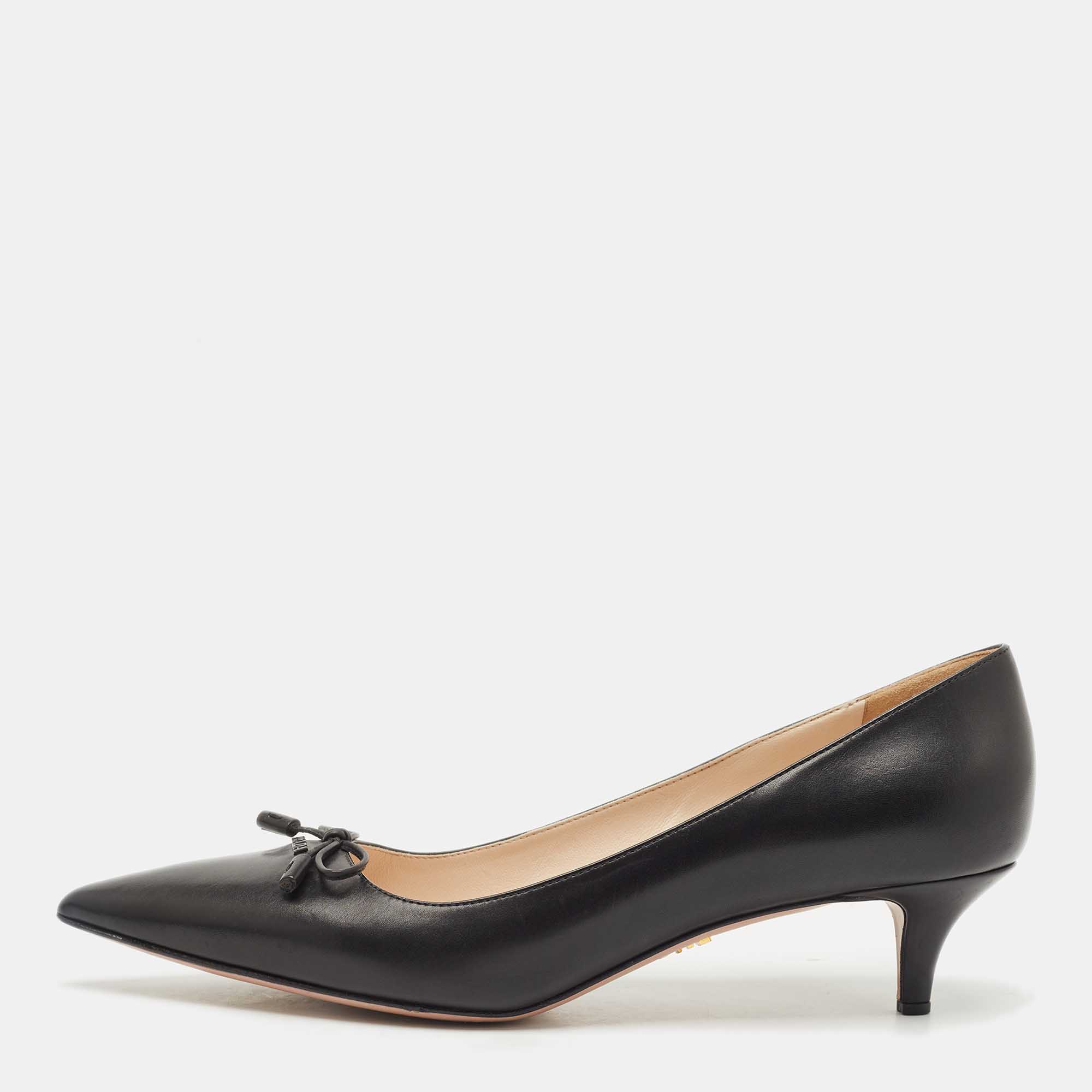 

Prada Black Leather Bow Pointed Toe Kitten Heel Pumps Size