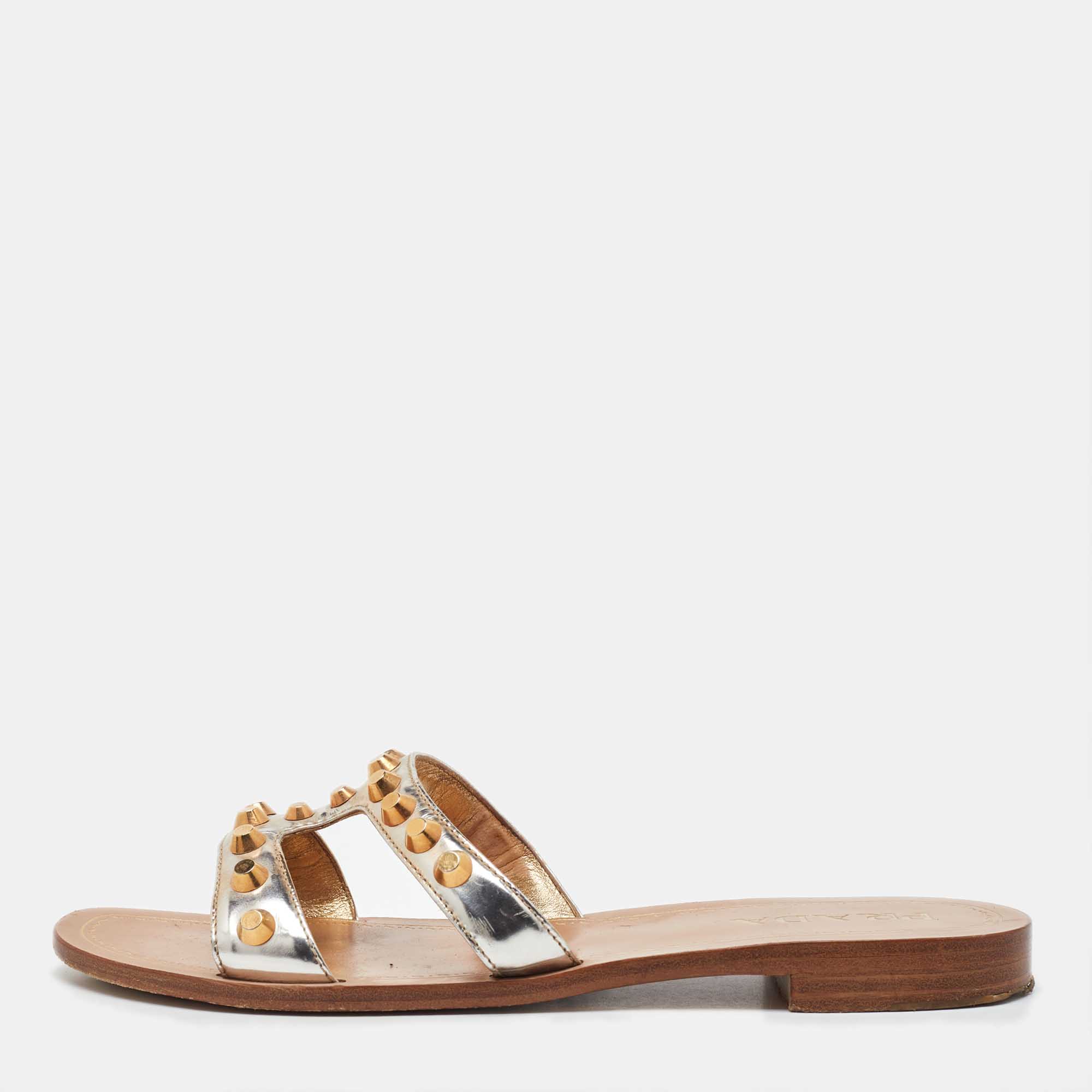 Pre-owned Prada Gold Leather Studded Flat Slides Size 38