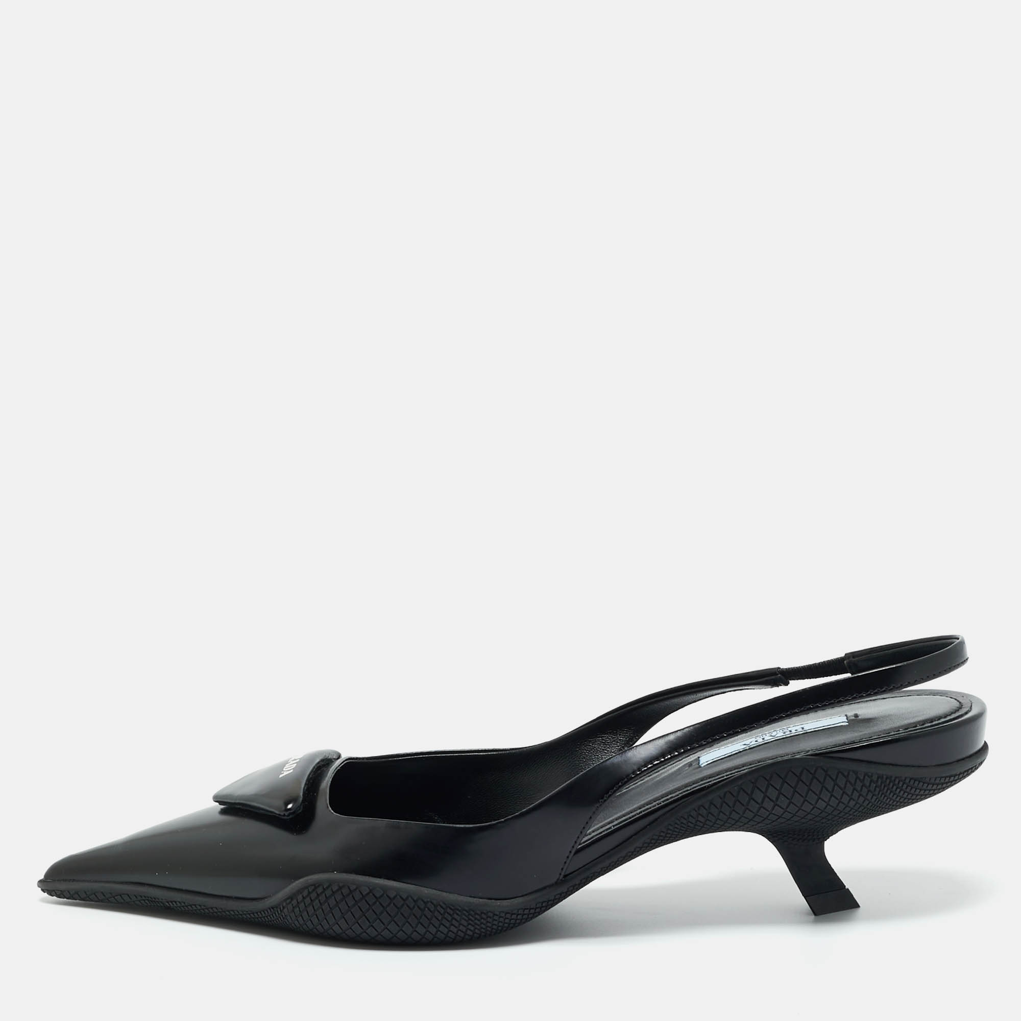 

Prada Black Leather Triangle Patch Slingback Pumps Size 38.5