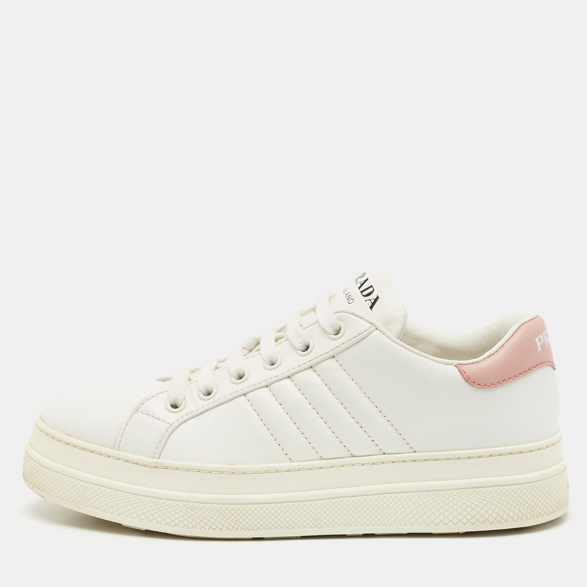 Pre-owned Prada White/pink Leather Low Top Sneakers Size 37.5