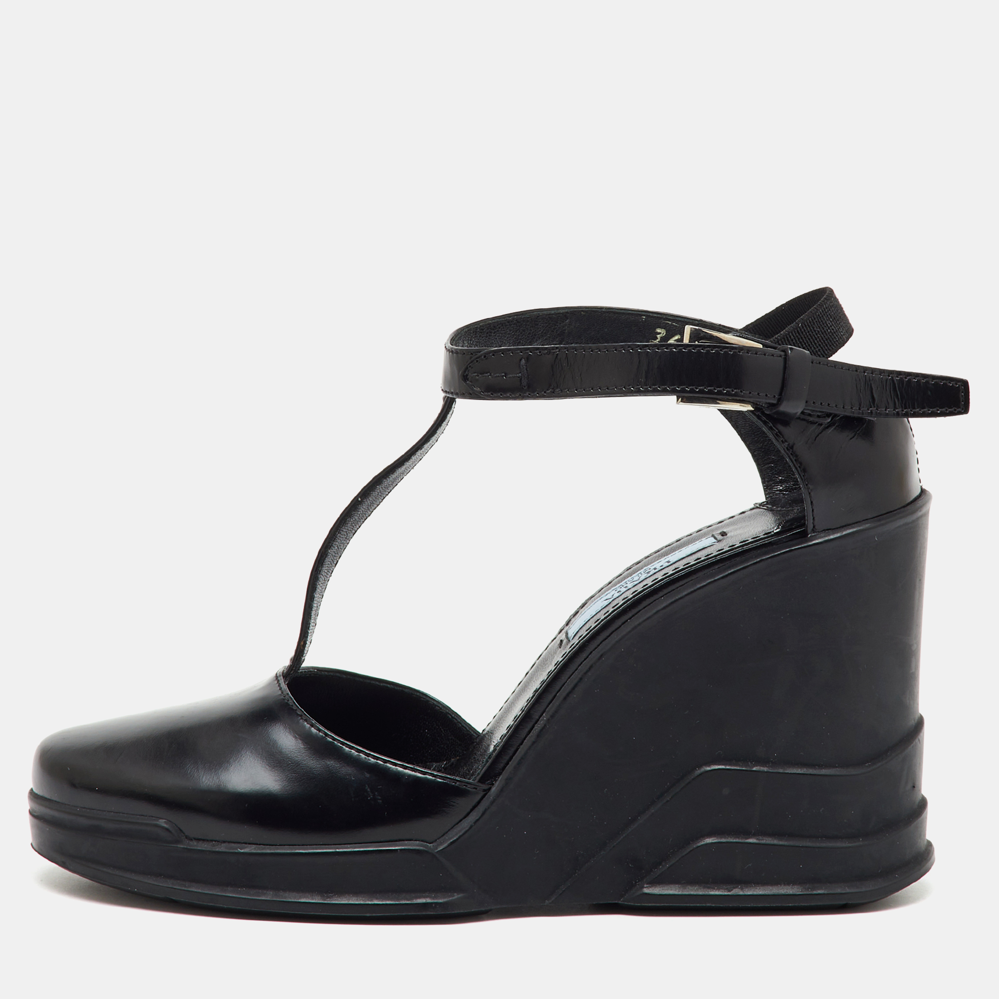 Prada Black Leather T-Strap Platform Wedge Sandals Size 36