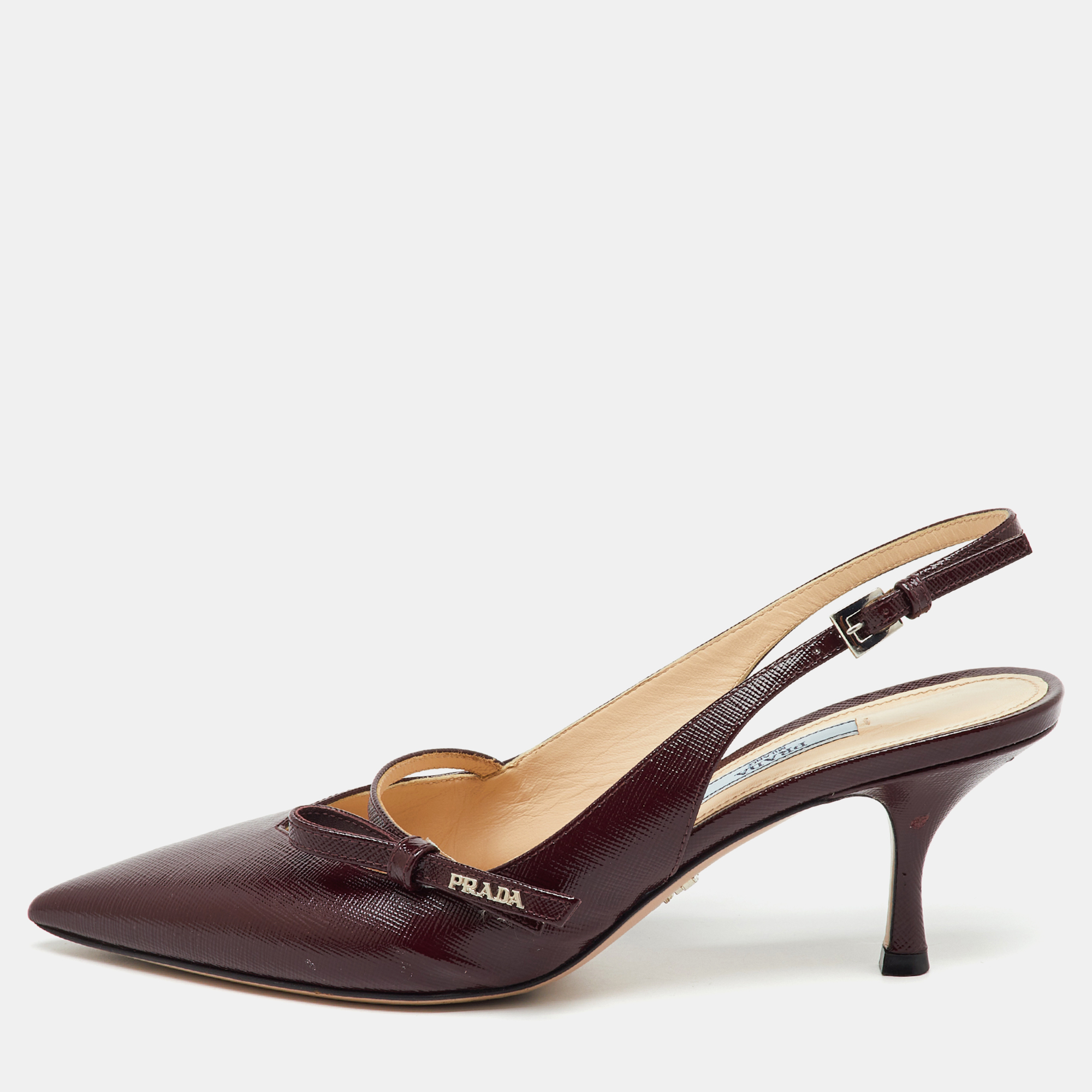 

Prada Burgundy Vernice Saffiano Leather Bow Pointed-Toe Slingback Pumps Size
