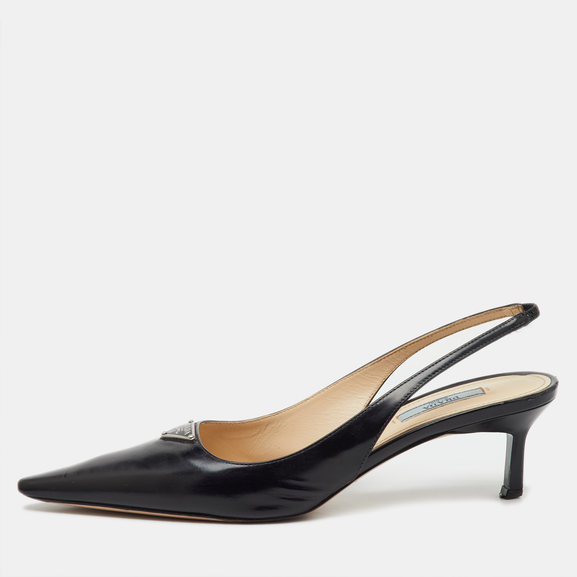 

Prada Black Leather Triangle Logo Pointed Toe Slingback Pumps Size