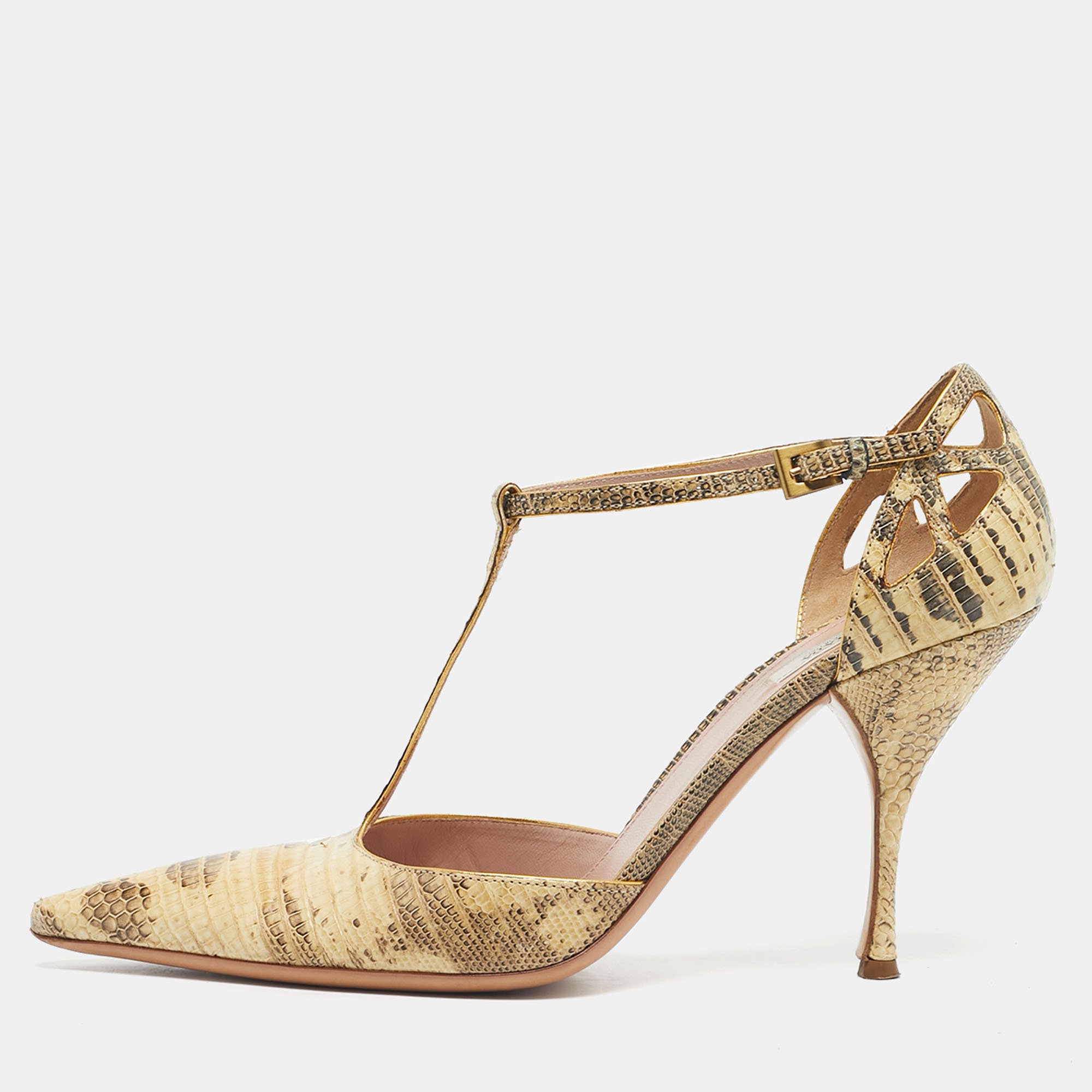 Pre-owned Prada Cream/black Lizard T Strap Pumps Size 37 In White