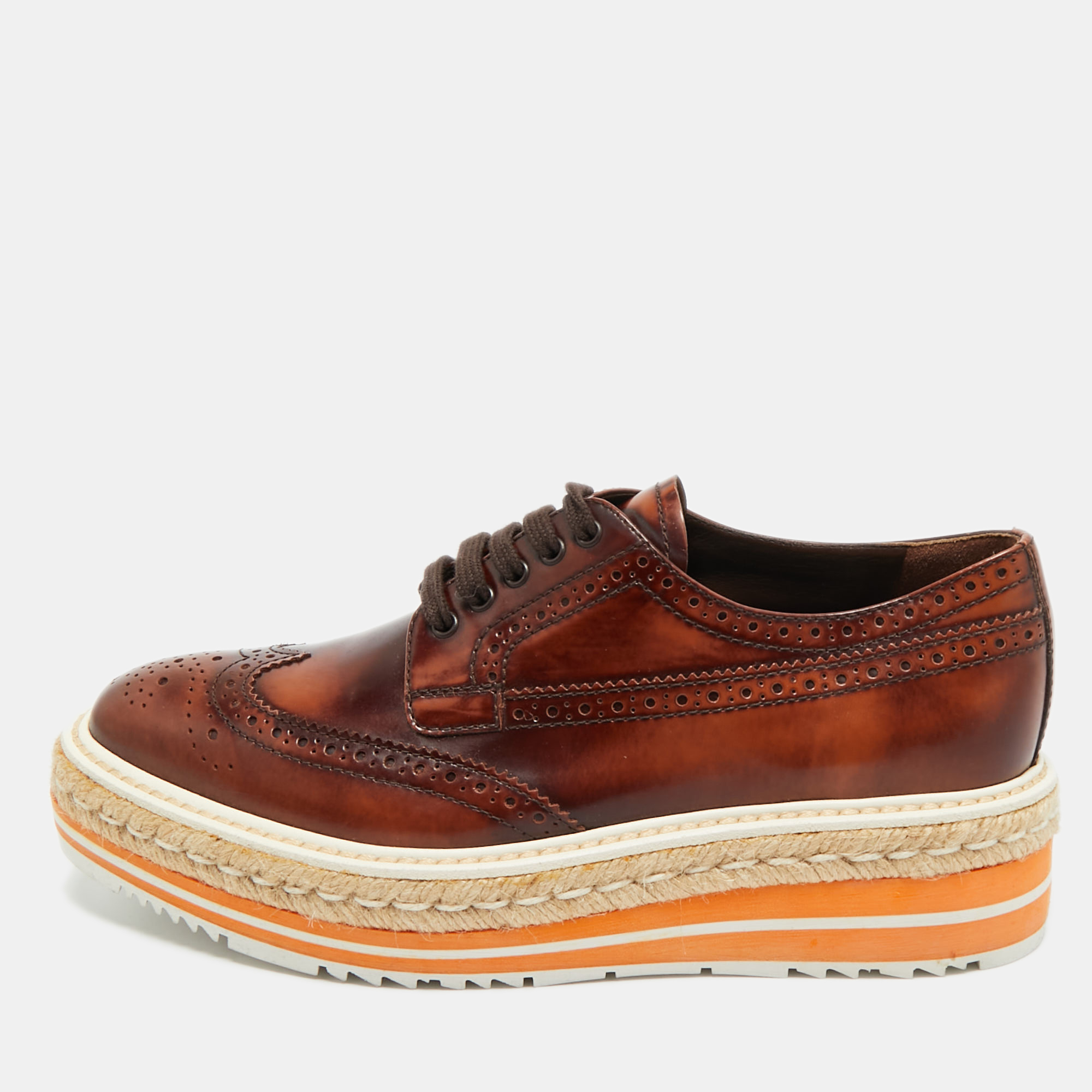 Pre-owned Prada Brown Brogue Leather Oxford Espadrille Sneakers Size 37.5