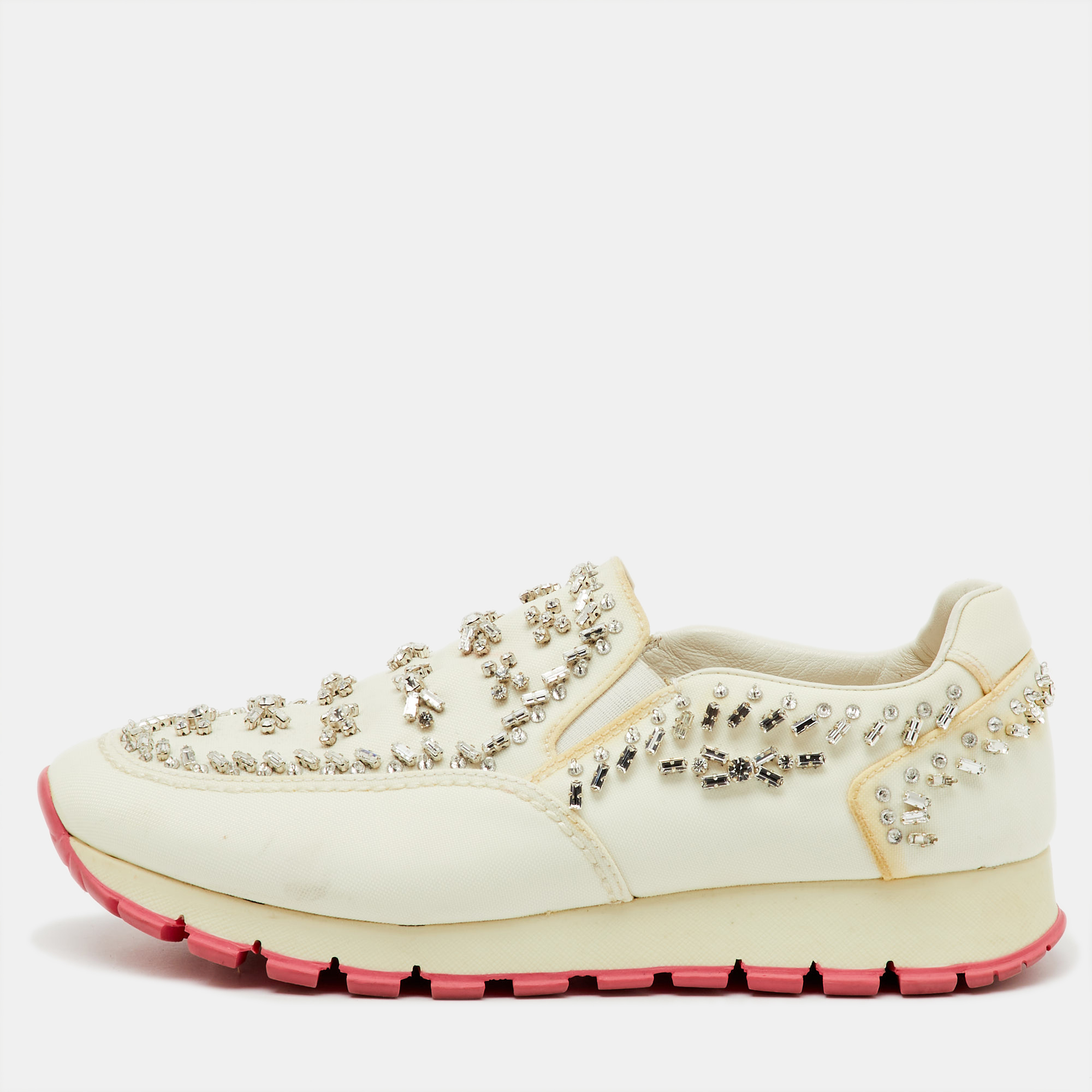 Pre-owned Prada White Canvas Crystal Embellished Slip On Sneakers Size 38.5