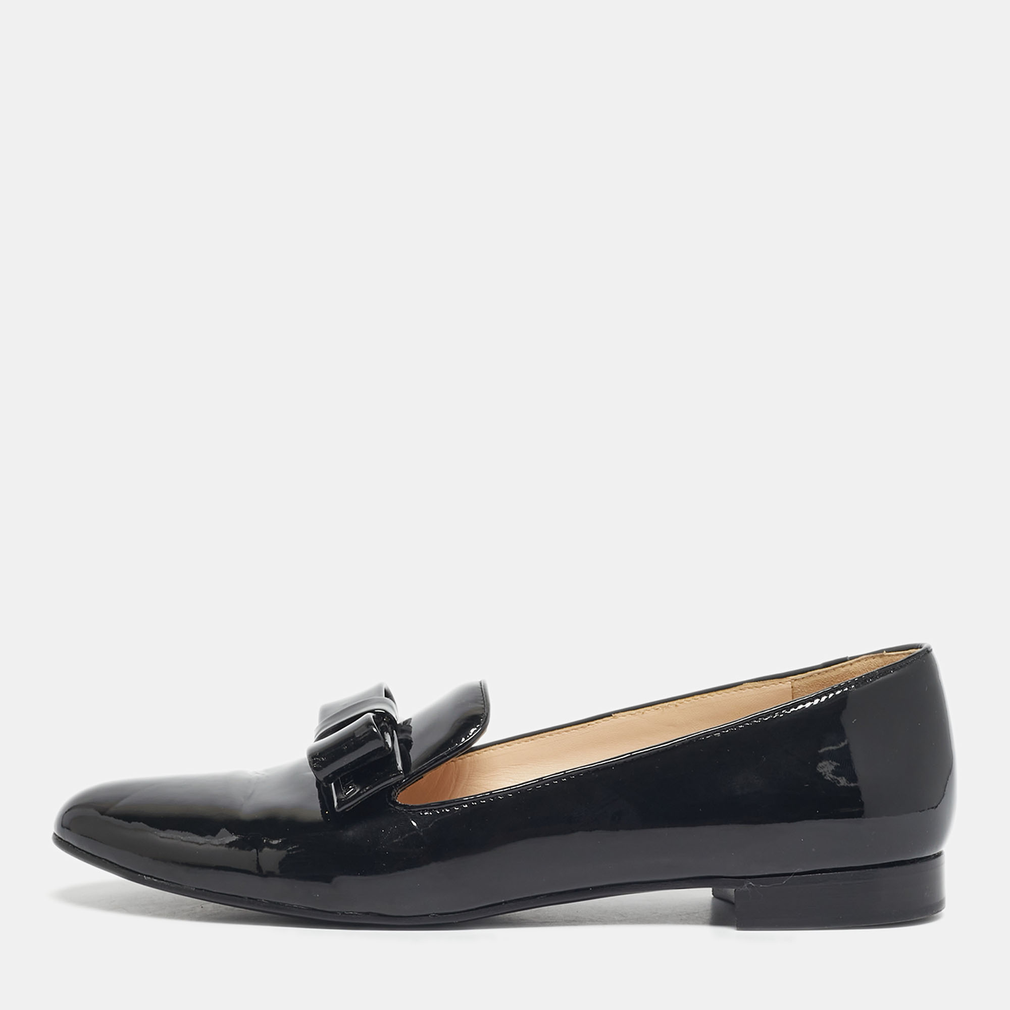 Pre-owned Prada Black Patent Leather Bow Smoking Slippers Size 39