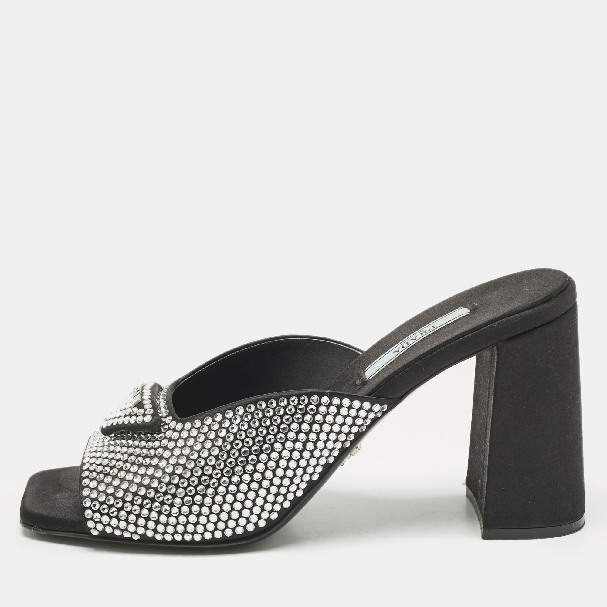 Prada Black Satin Crystal Embellished Logo Slide Sandals Size 37