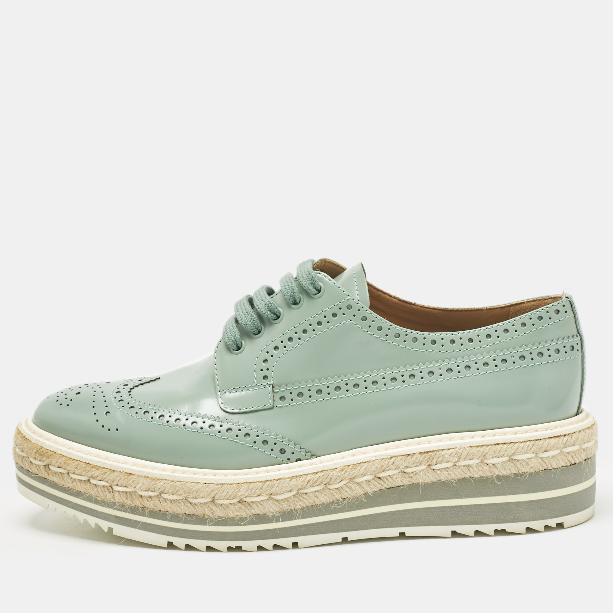 Pre-owned Prada Blue Brogue Leather Oxford Espadrille Sneakers Size 39