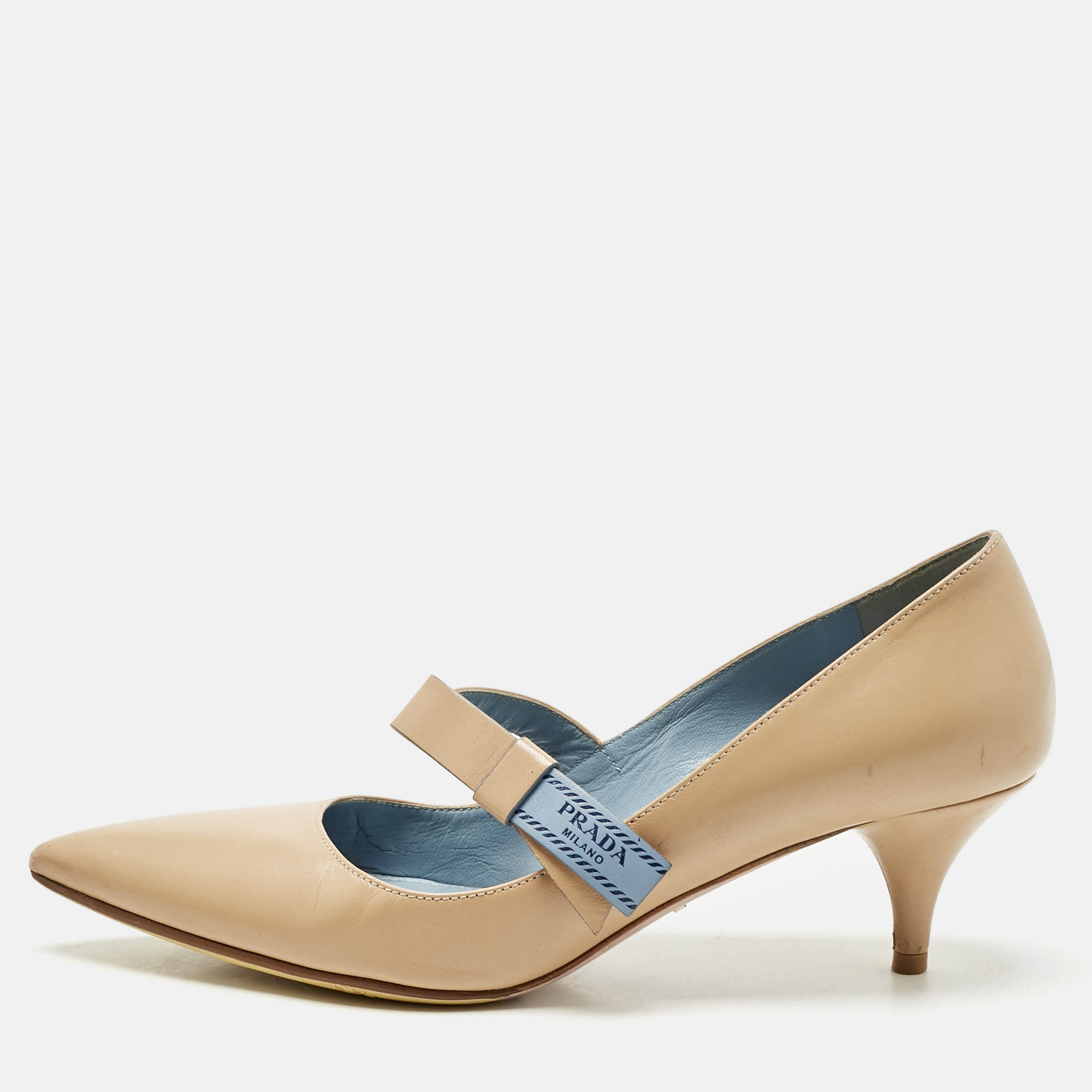 

Prada Beige Leather Pointed Toe Mary Jane Bow Pumps Size
