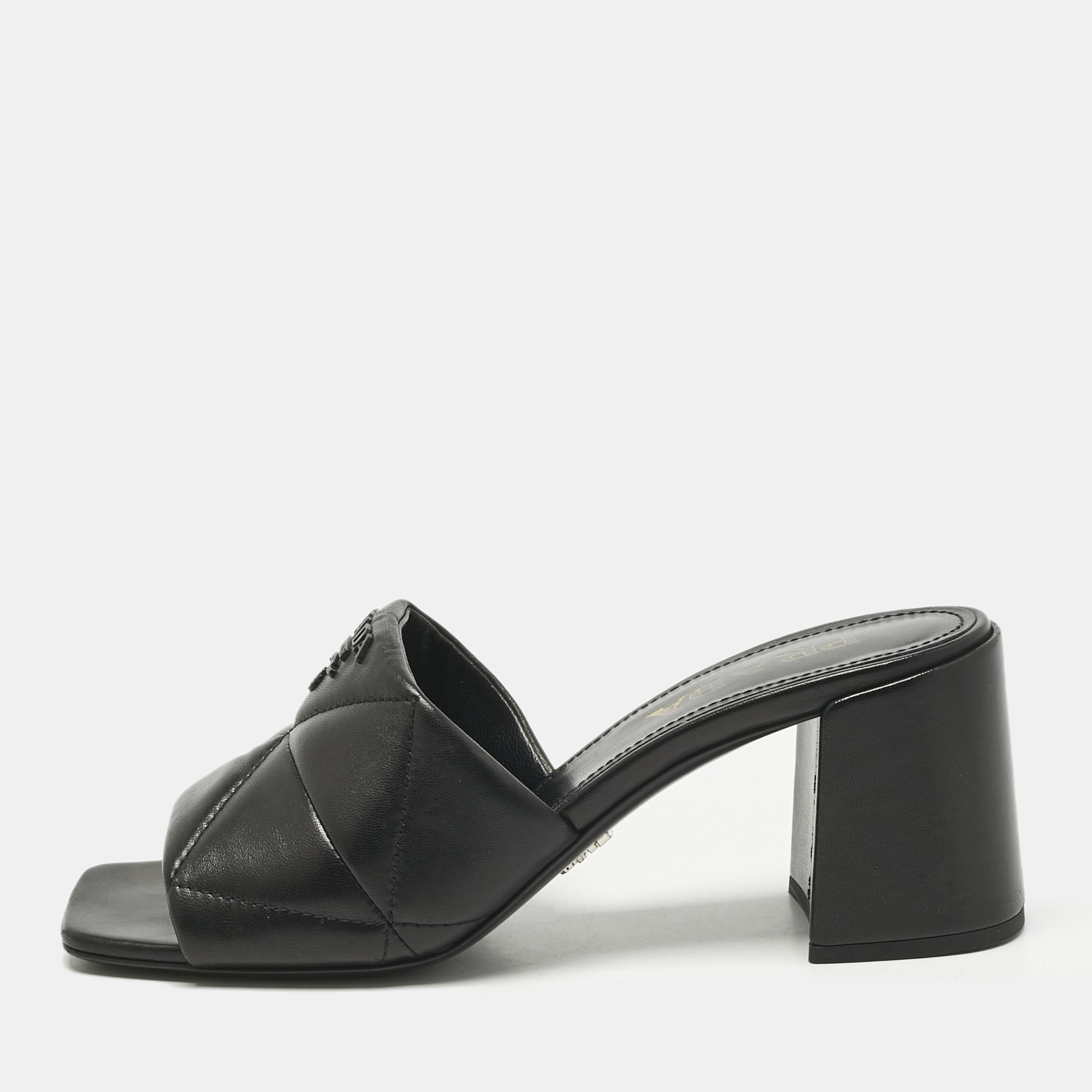 Pre-owned Prada Black Quilted Leather Block-heel Slide Sandals Size 37