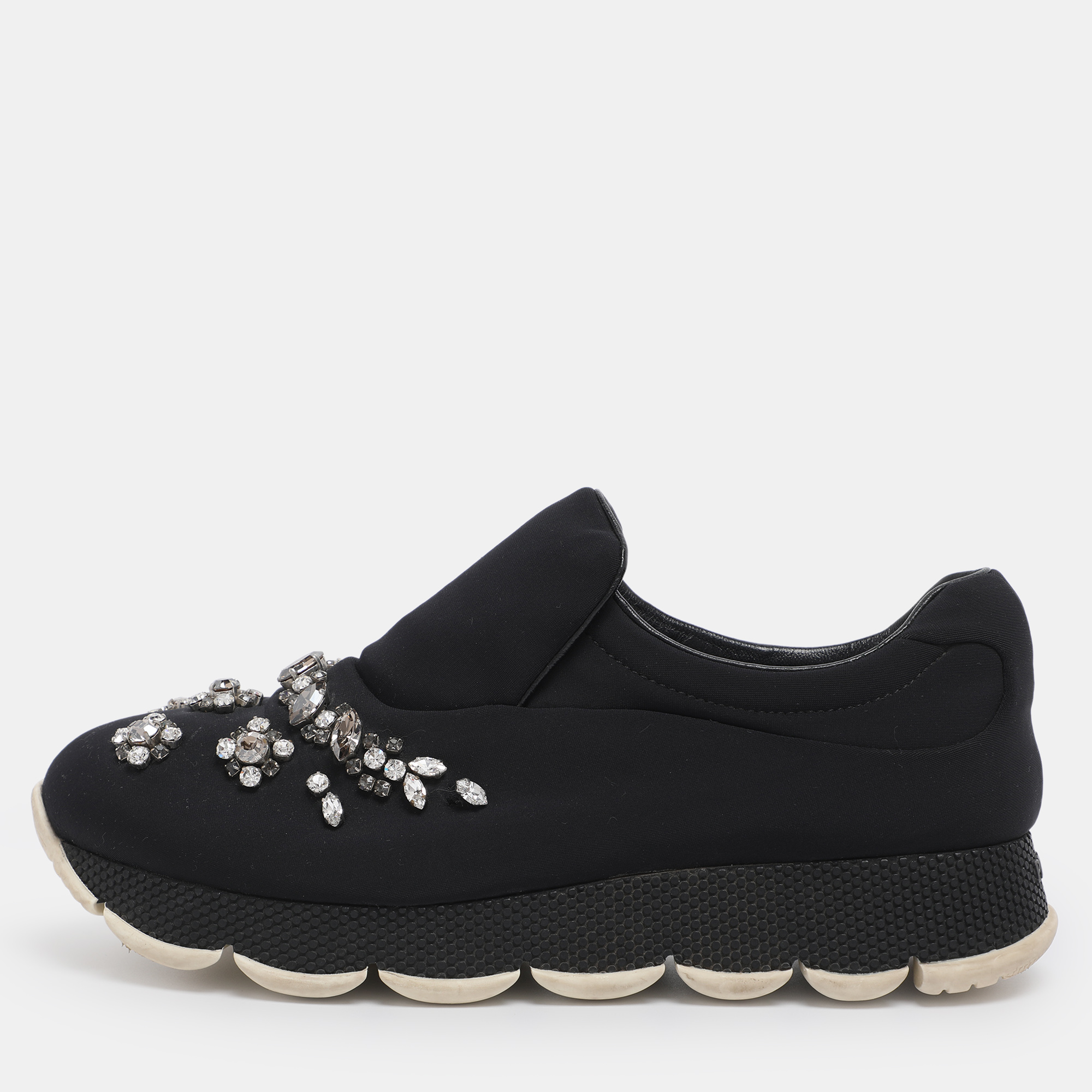 Pre-owned Prada Navy Blue Neoprene Crystal Embellished Slip On Sneakers Size 37.5