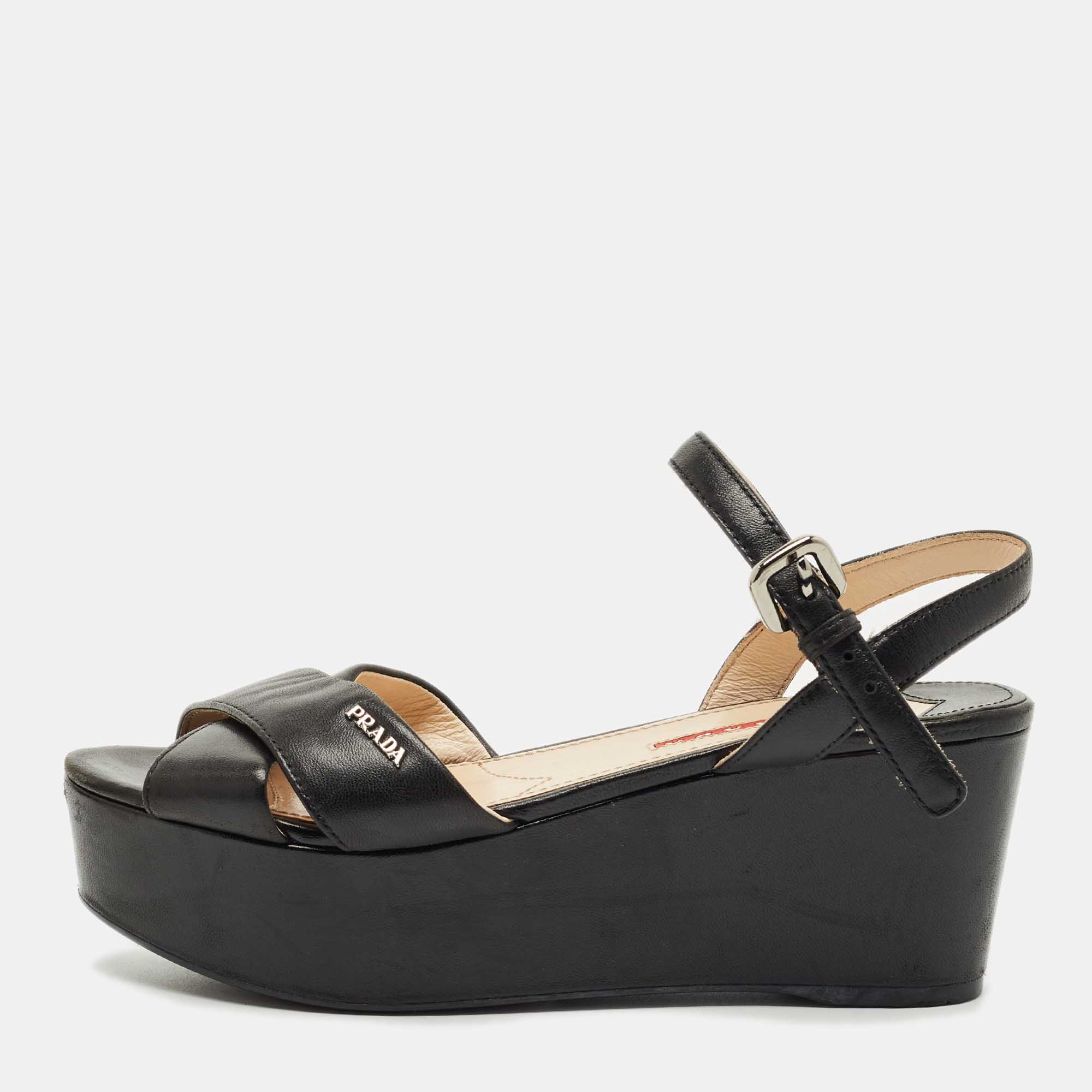 Pre-owned Prada Black Leather Crisscross Wedge Sandals Size 36.5