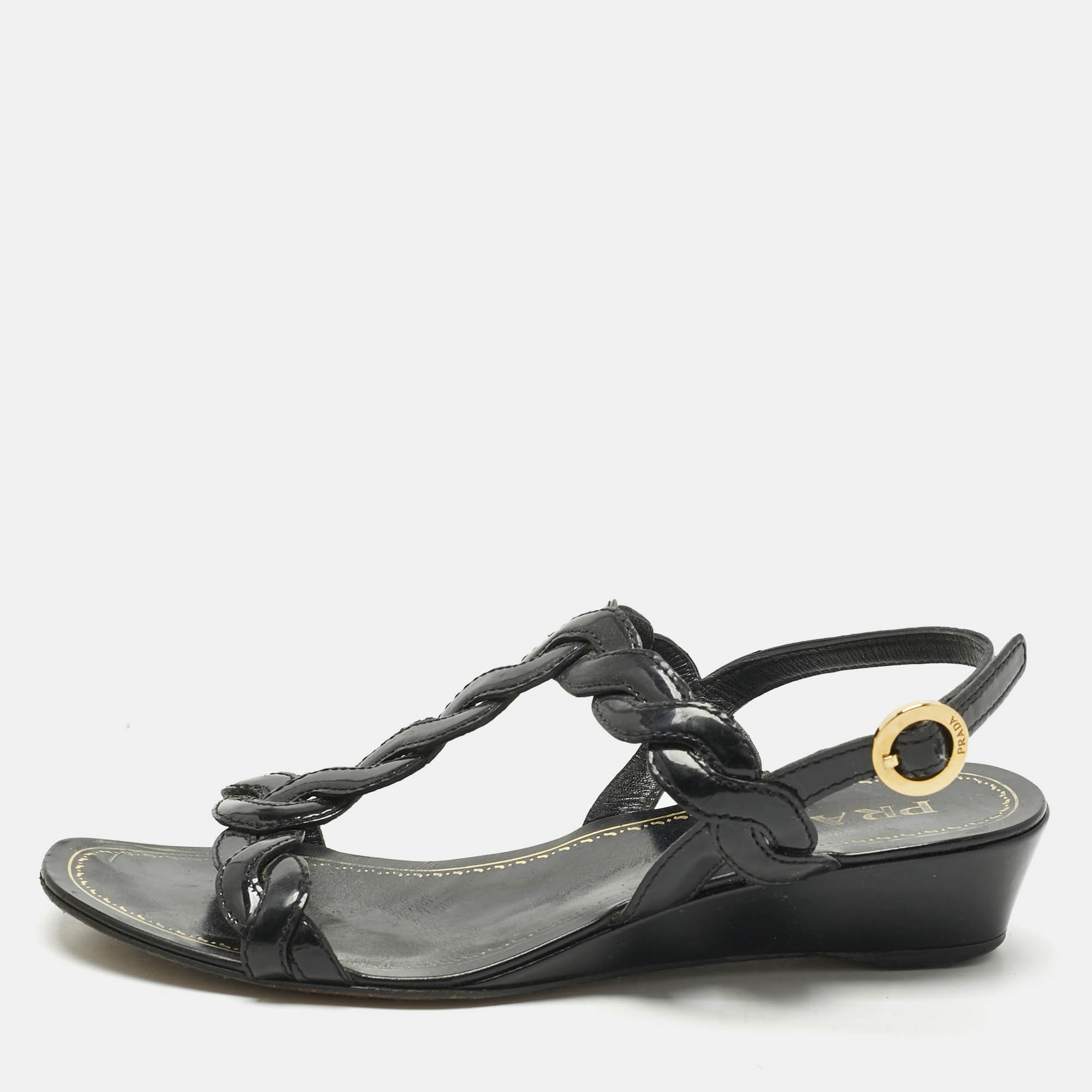Prada Black Patent Leather Wedge Ankle Strap Sandals Size 37