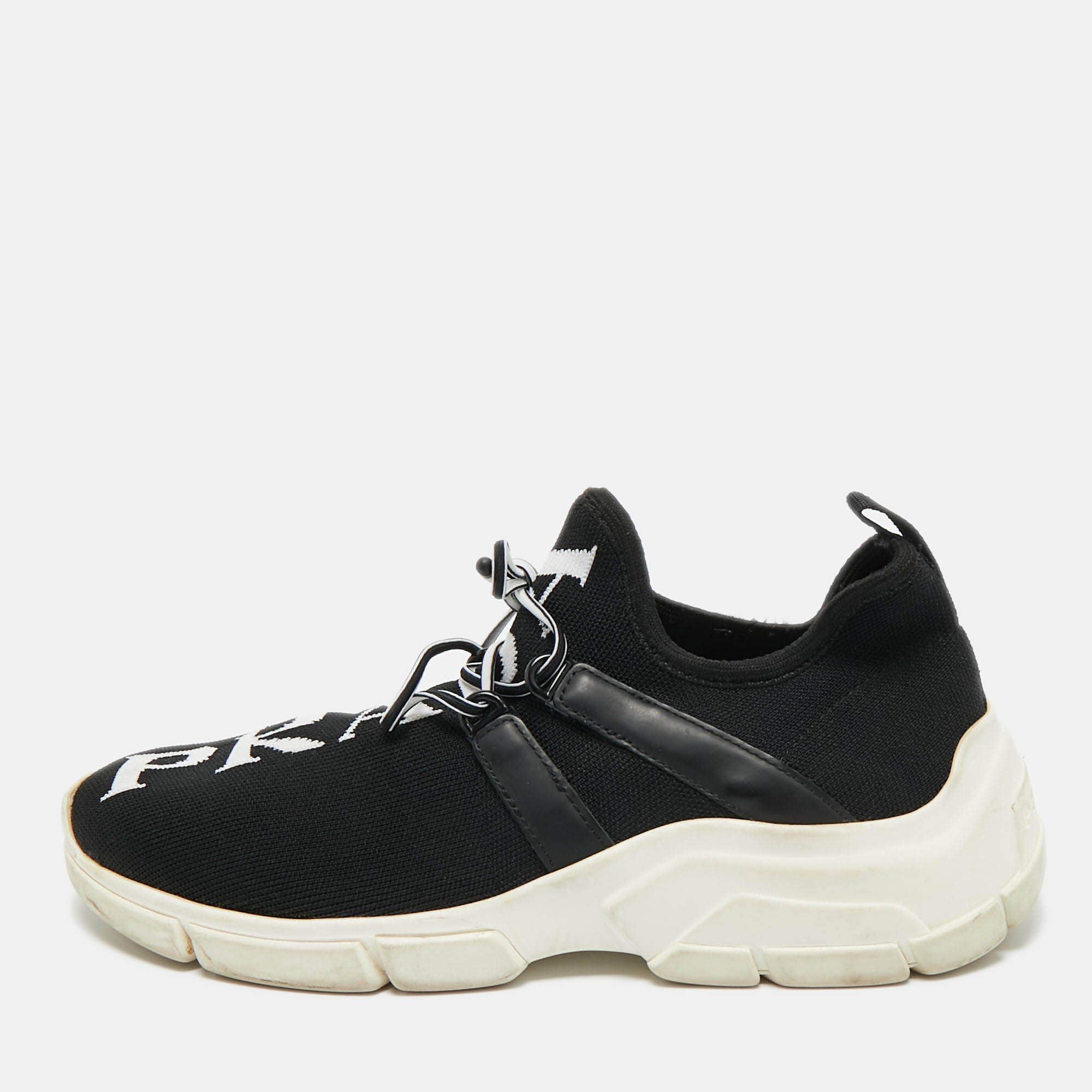 Pre-owned Prada Black Fabric And Leather Trainer Lace Up Sneakers Size 36