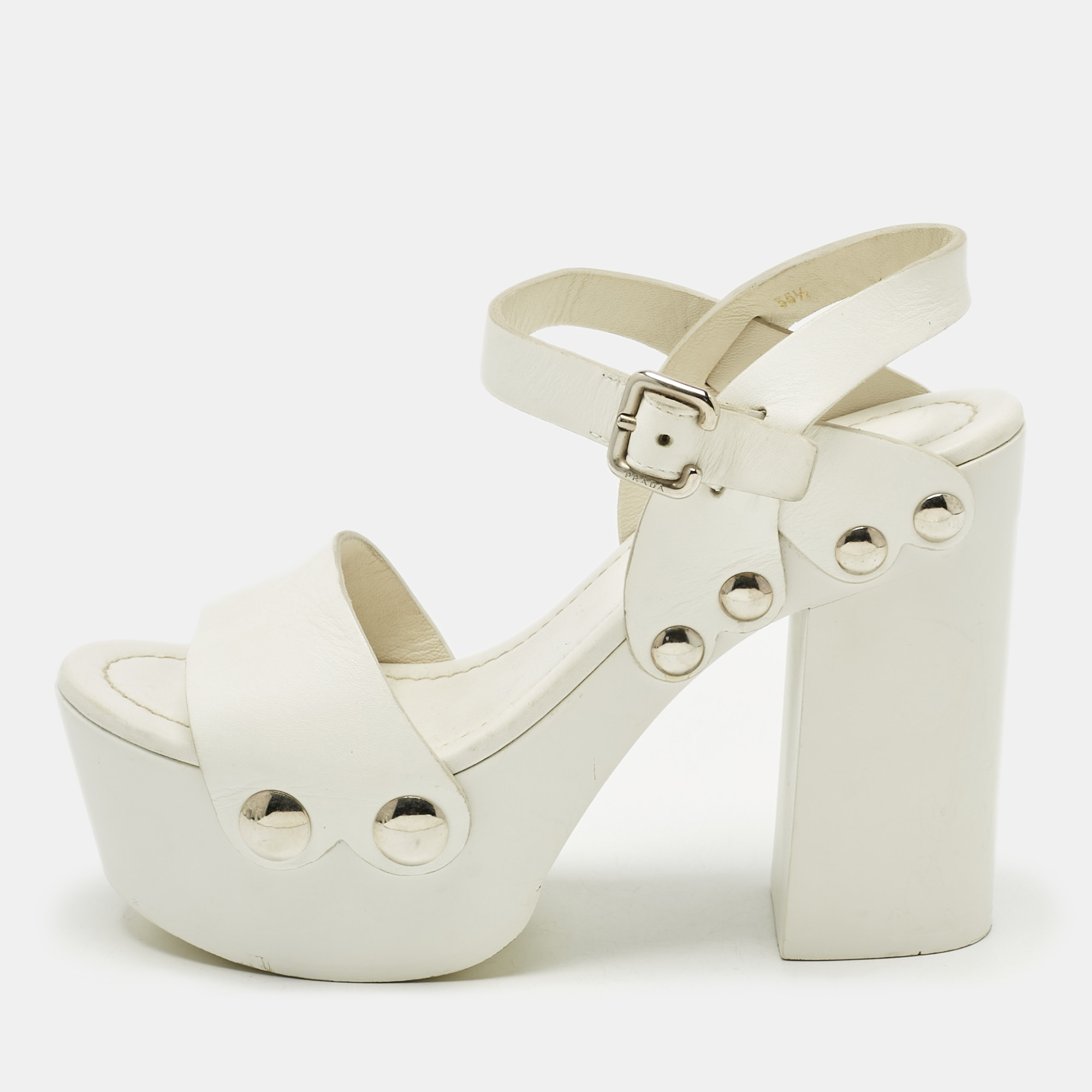 Pre-owned Prada White Leather Ankle Strap Platform Sandals Size 35.5