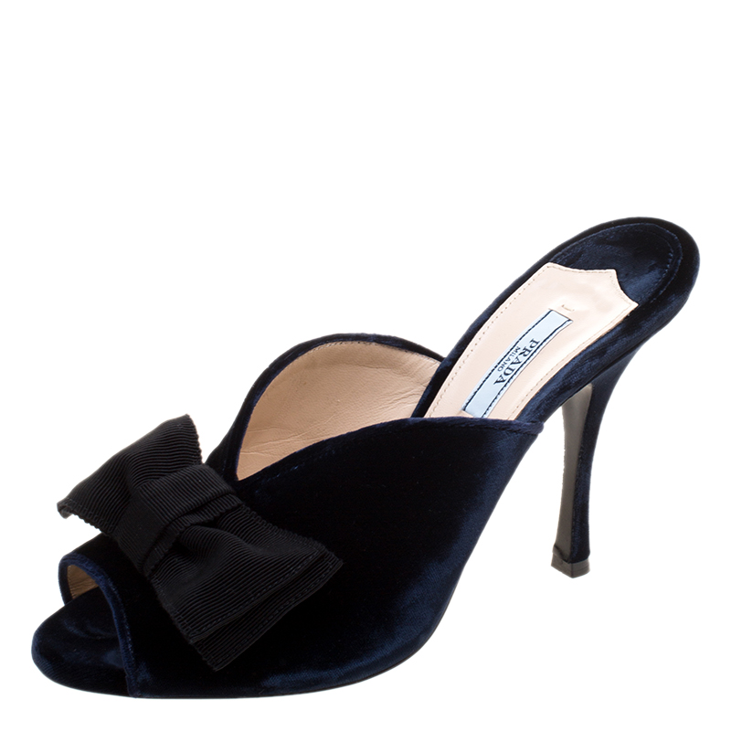 Pre Owned Prada Navy Blue Velvet Grosgrain Peep Toe Mules Size 40