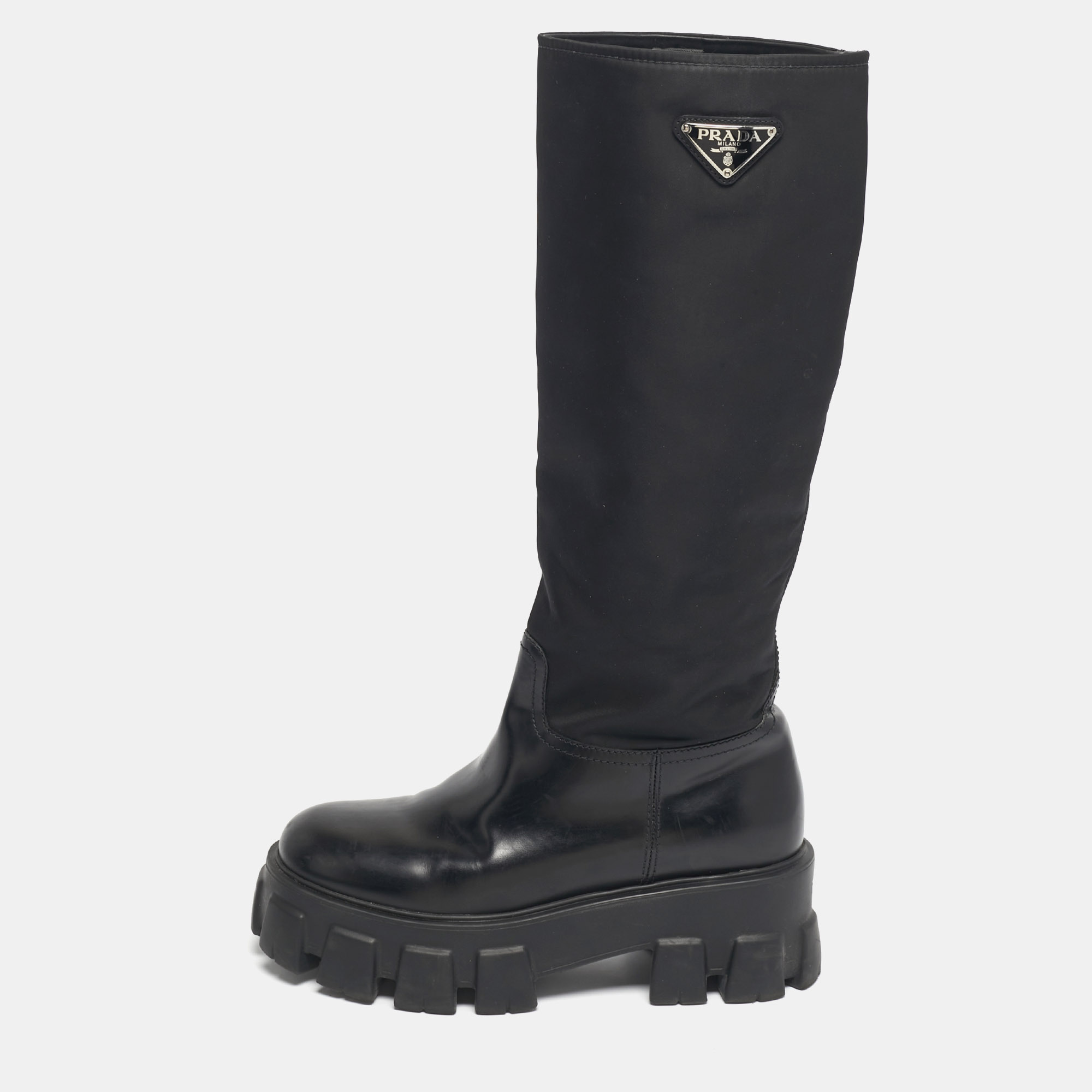 Pre-owned Prada Black Nylon And Patent Leather Monolith Knee Length Boots Size 38