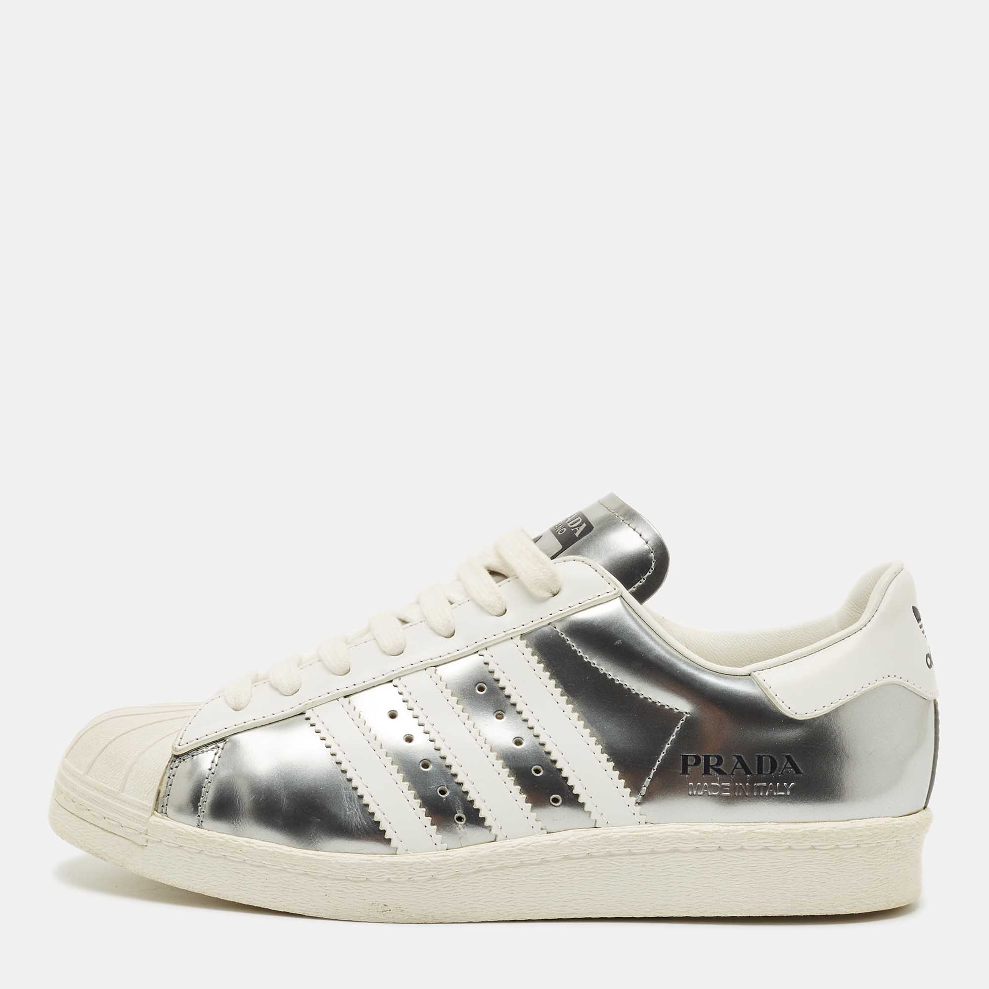 Pre-owned Prada X Adidas Silver/white Leather Superstar Lace Up Sneakers Size 39.5